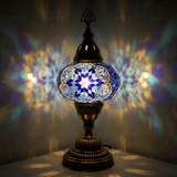 Blue Turkish mosaic table lamp illuminated, showing colorful light projection (ENV MUN3039)