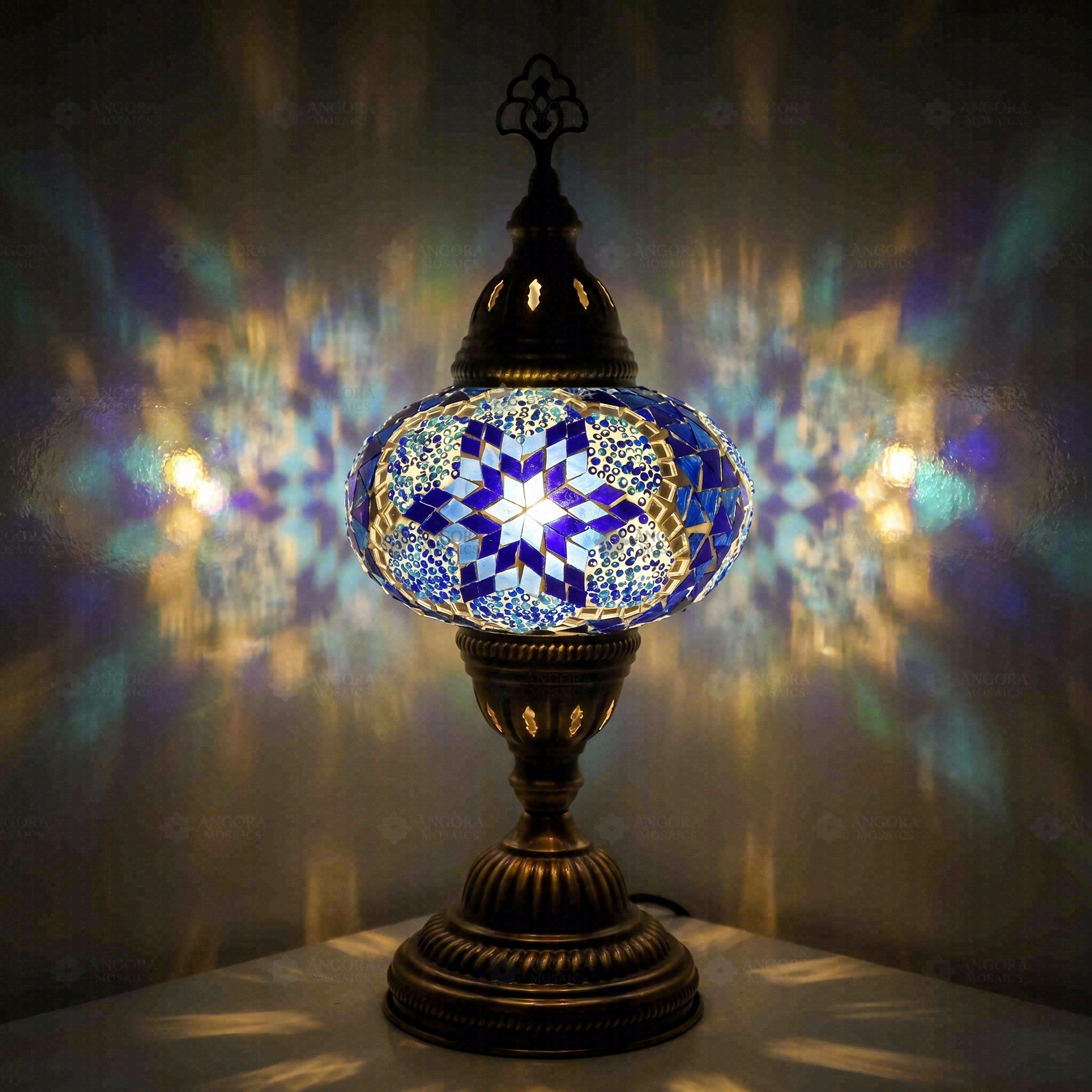 Blue Turkish mosaic table lamp illuminated, showing colorful light projection (ENV MUN3039)