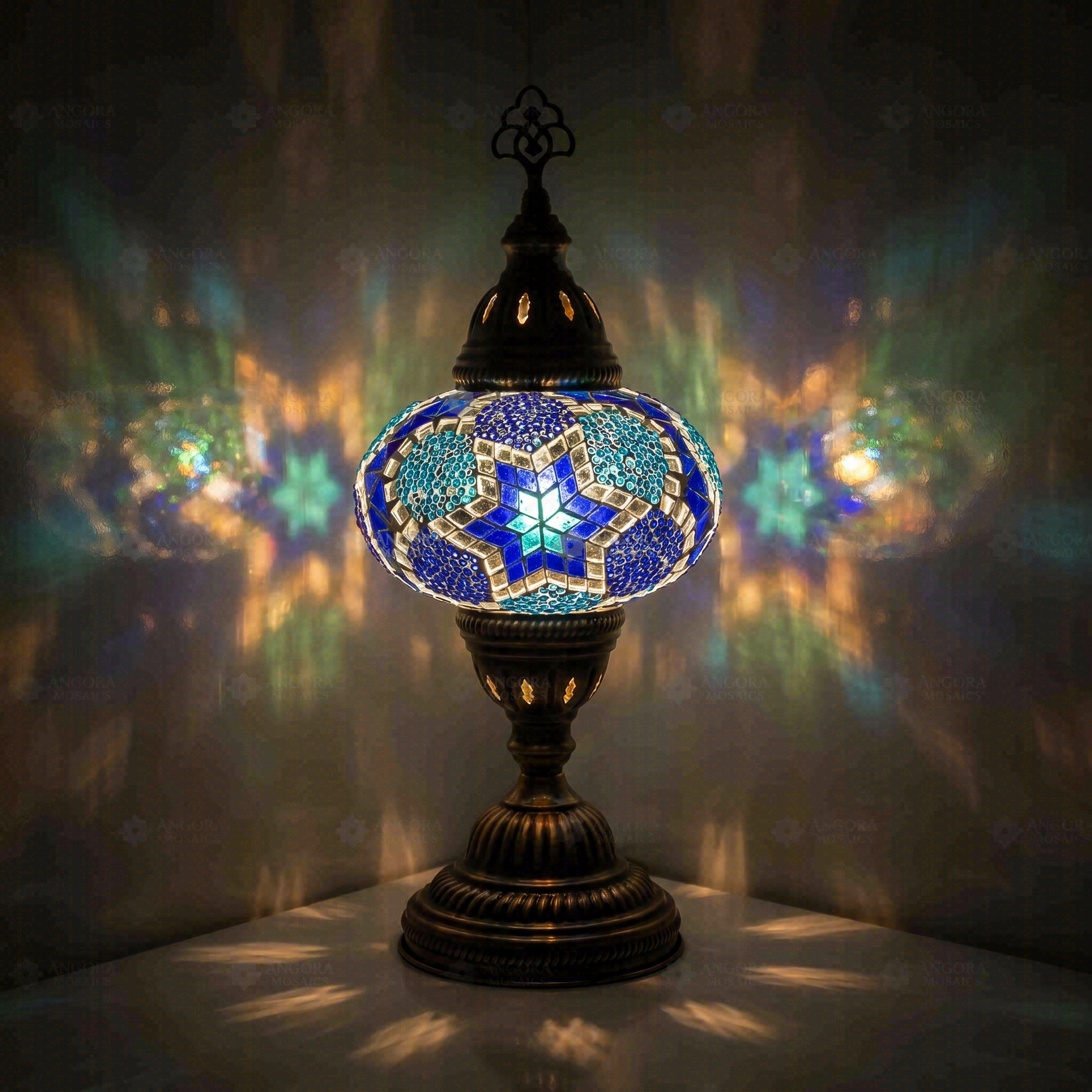 Blue Turkish mosaic table lamp illuminated, showing colorful light projection (ENV MUN3040)
