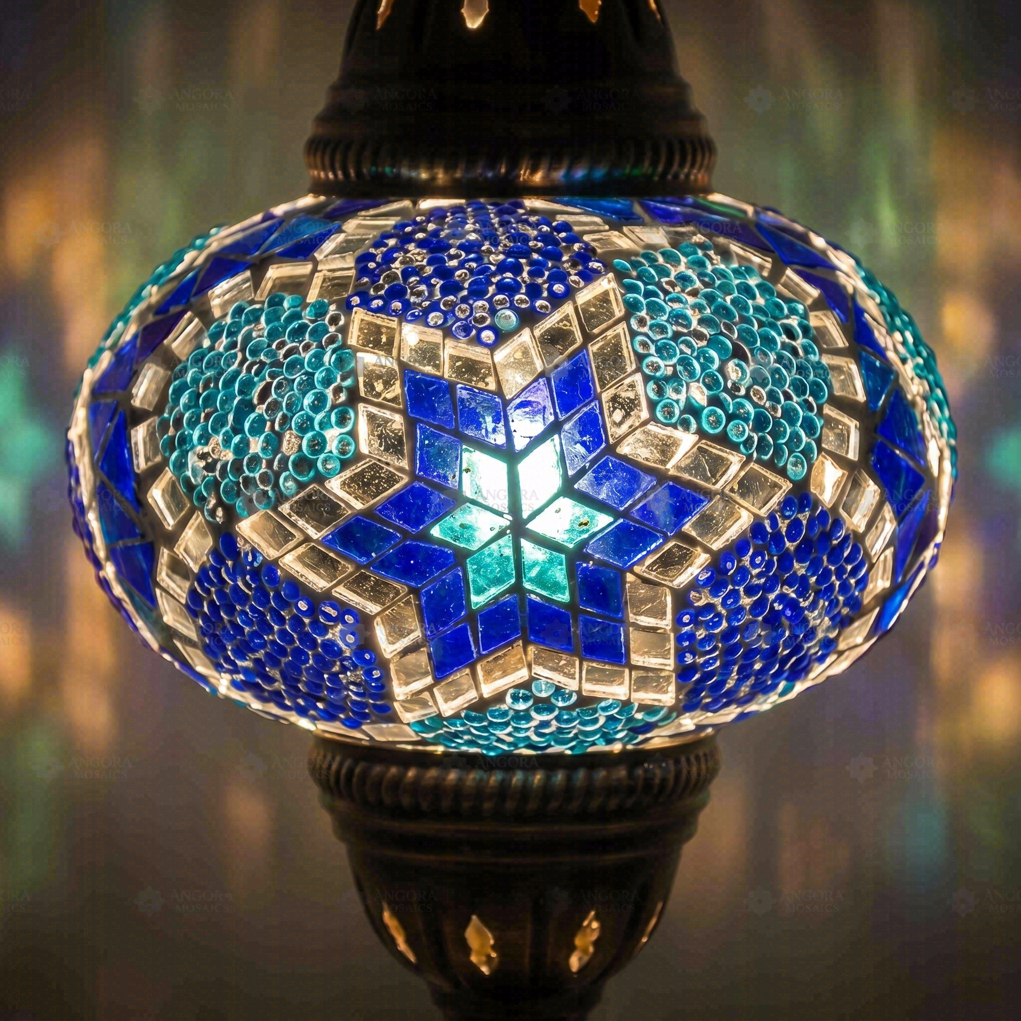 Lit close-up of mosaic glass globe — Blue table lamp glowing (ENV MUN3040)
