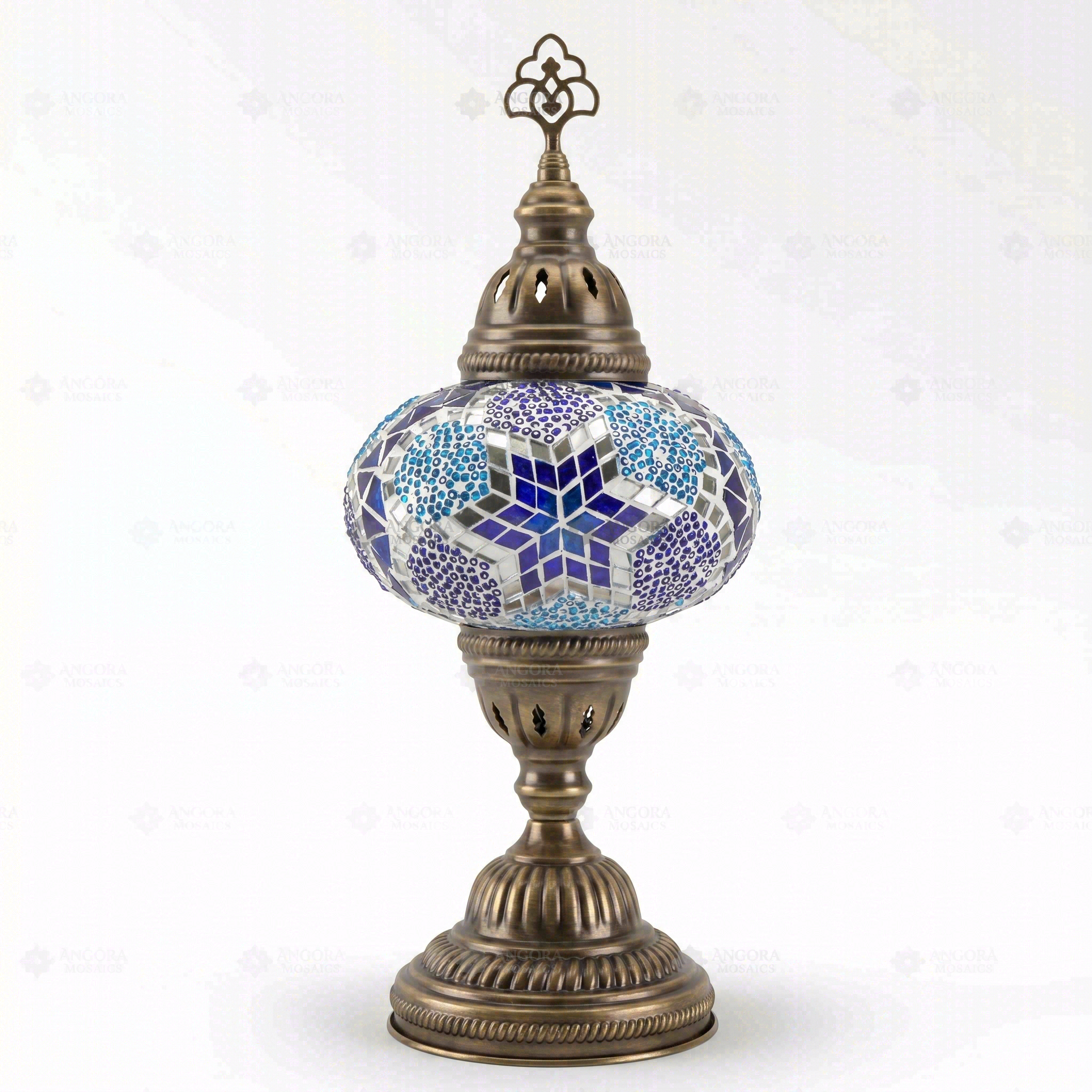 Full view of handmade Blue blue jewel Turkish mosaic table lamp on white background (ENV MUN3040)