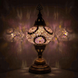 Purple Turkish mosaic table lamp illuminated, showing colorful light projection (ENV MUN3041)