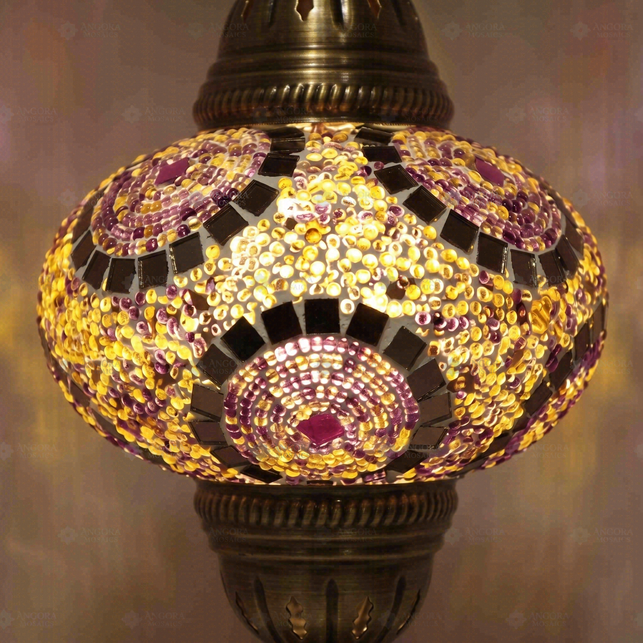 Lit close-up of mosaic glass globe — Purple table lamp glowing (ENV MUN3041)