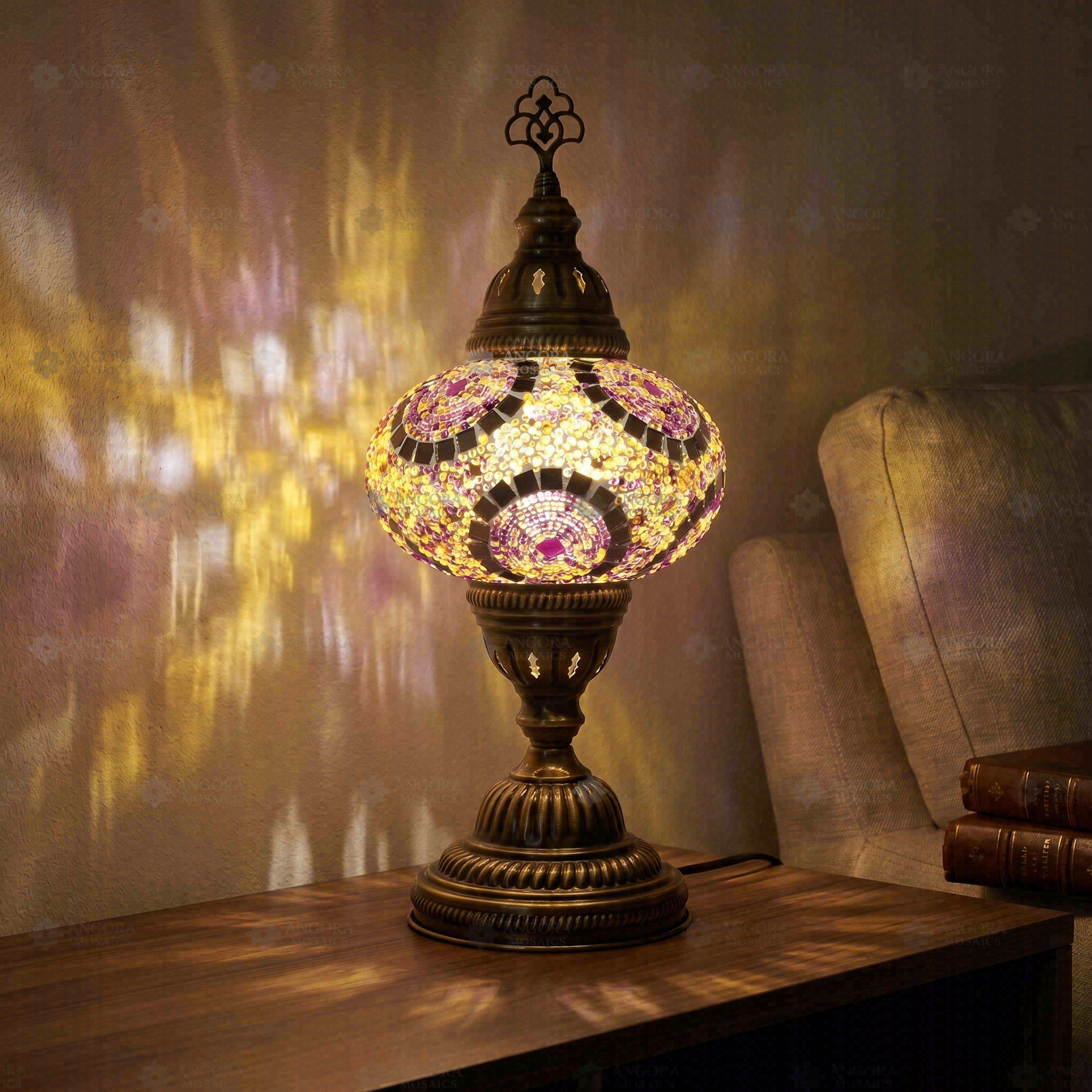Purple purple jewel Turkish mosaic table lamp in styled room — handmade Moroccan table lamp (ENV MUN3041)