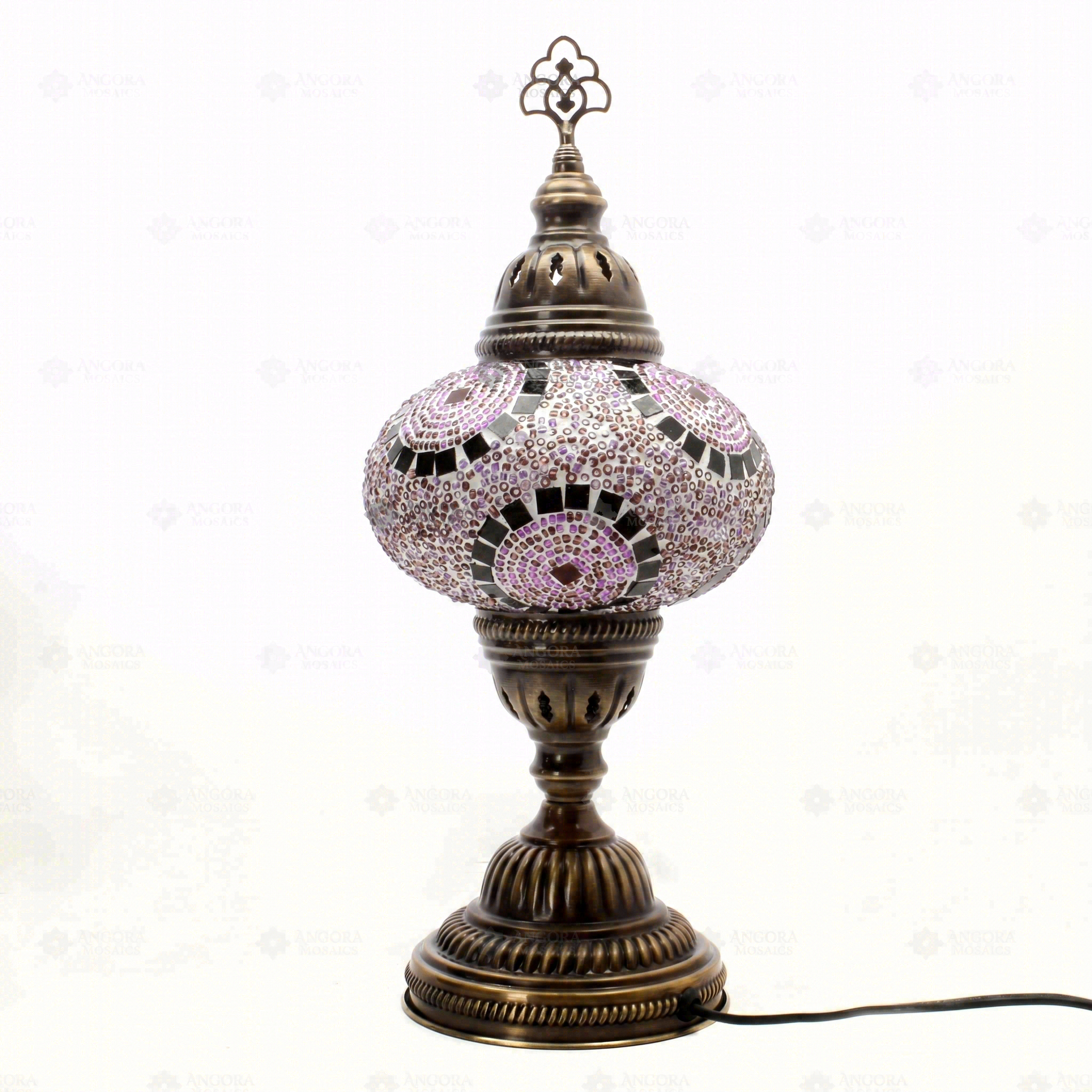 Full view of handmade Purple purple jewel Turkish mosaic table lamp on white background (ENV MUN3041)
