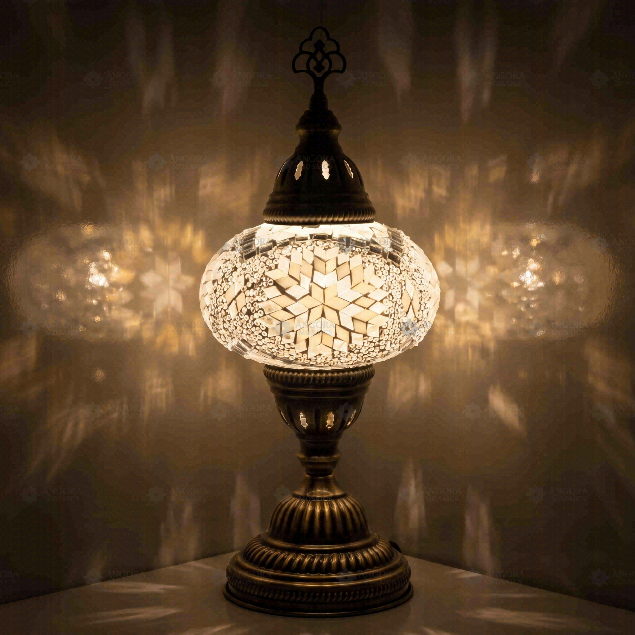 White Turkish mosaic table lamp illuminated, showing colorful light projection (ENV MUN3043)