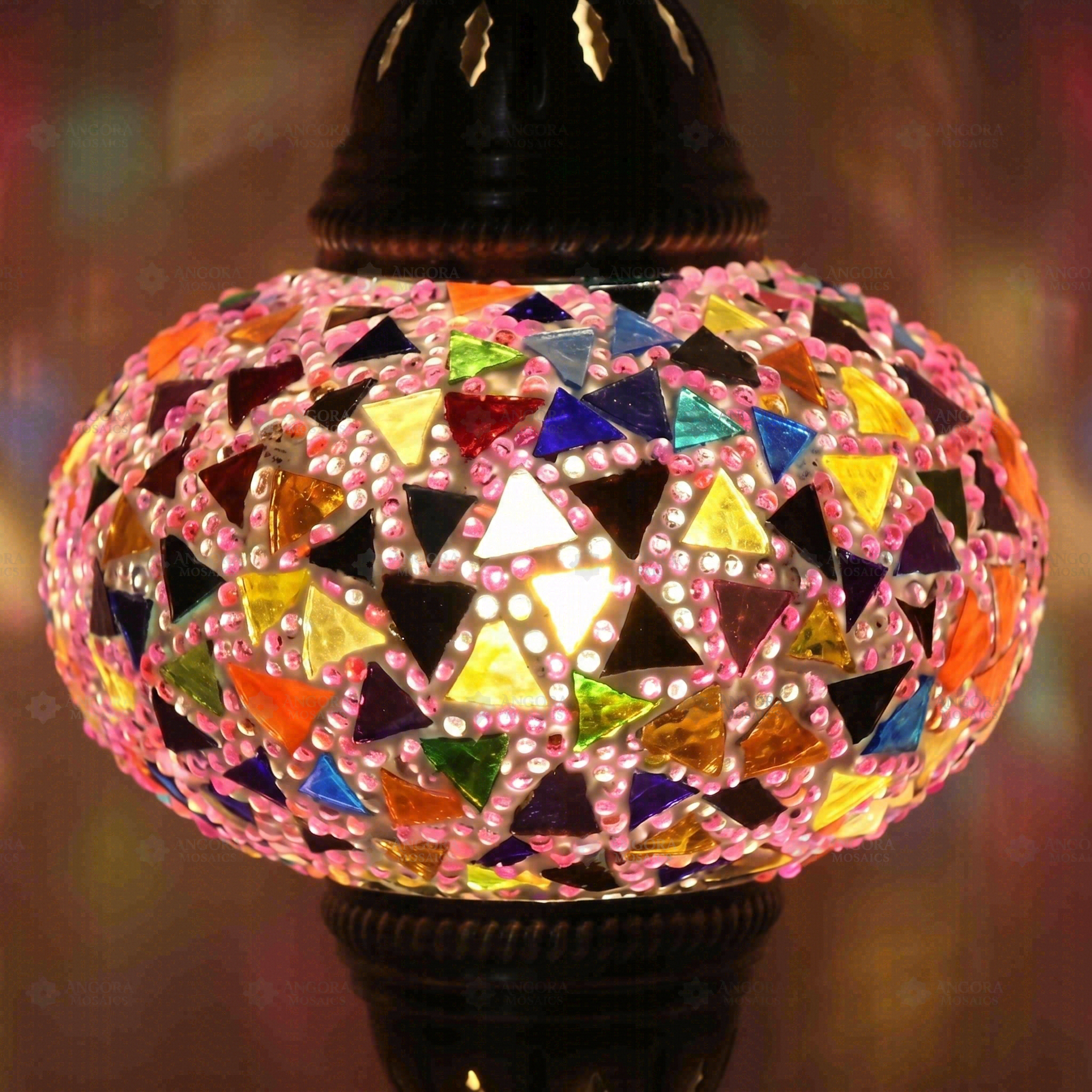 Lit close-up of mosaic glass globe — Pink table lamp glowing (ENV MUN3046)