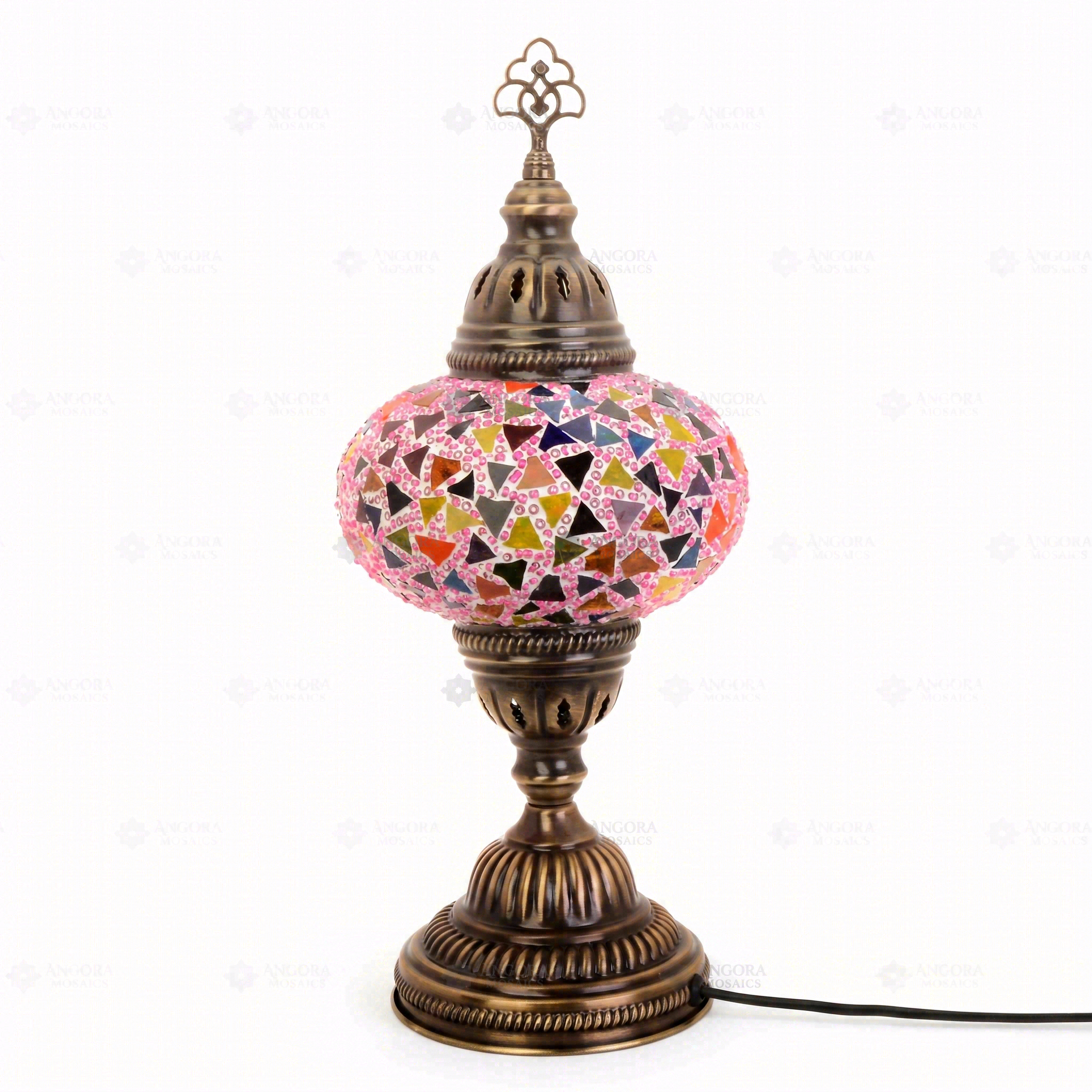Full view of handmade Pink pink rose Turkish mosaic table lamp on white background (ENV MUN3046)