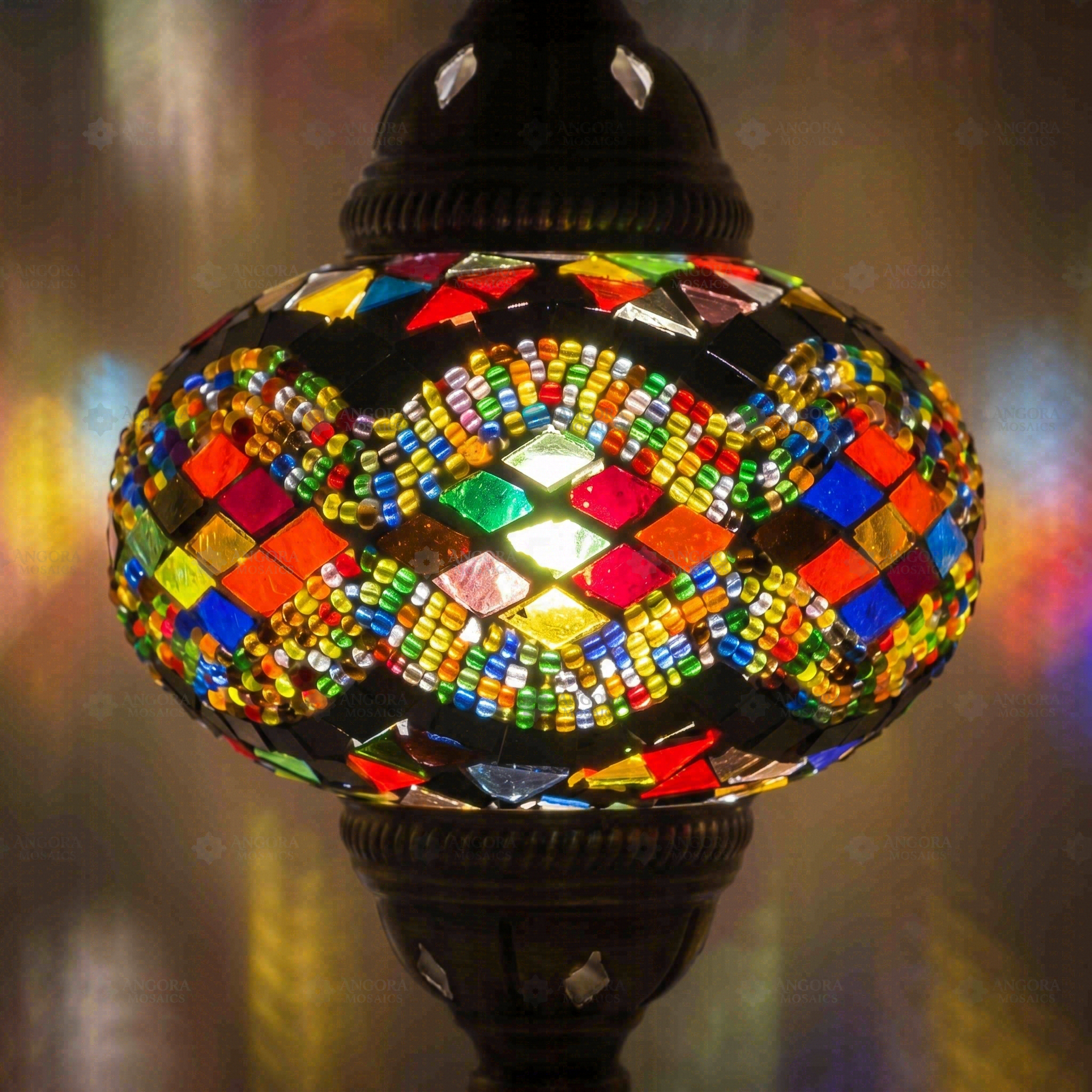 Lit close-up of mosaic glass globe — Multicolor table lamp glowing (ENV MUN3047)