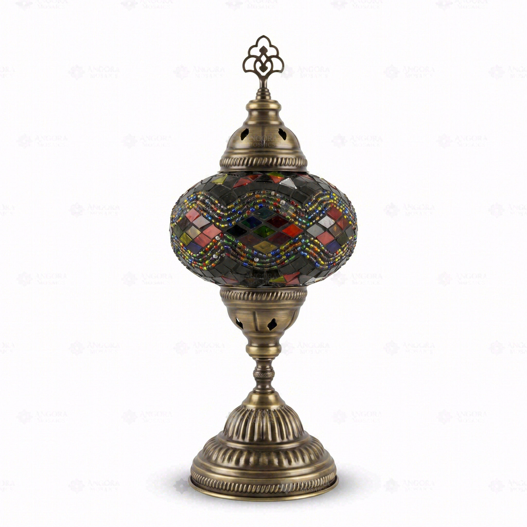 Full view of handmade Multicolor multicolor jewel Turkish mosaic table lamp on white background (ENV MUN3047)
