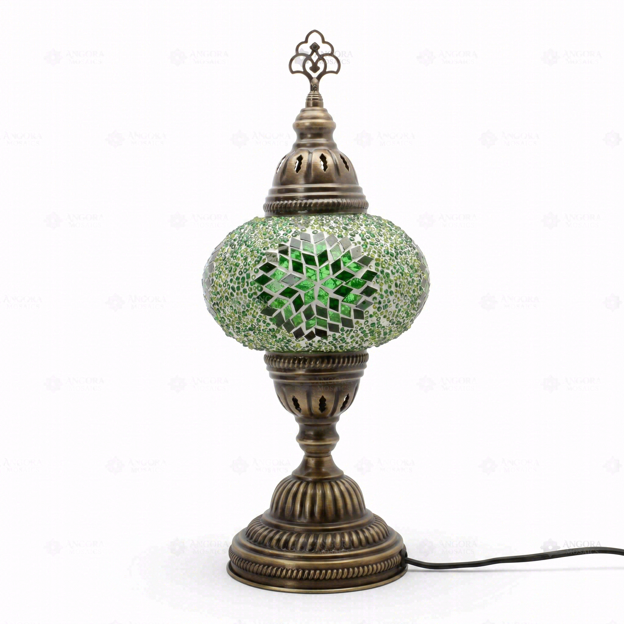 Full view of handmade Green green jewel Turkish mosaic table lamp on white background (ENV MUN3048)