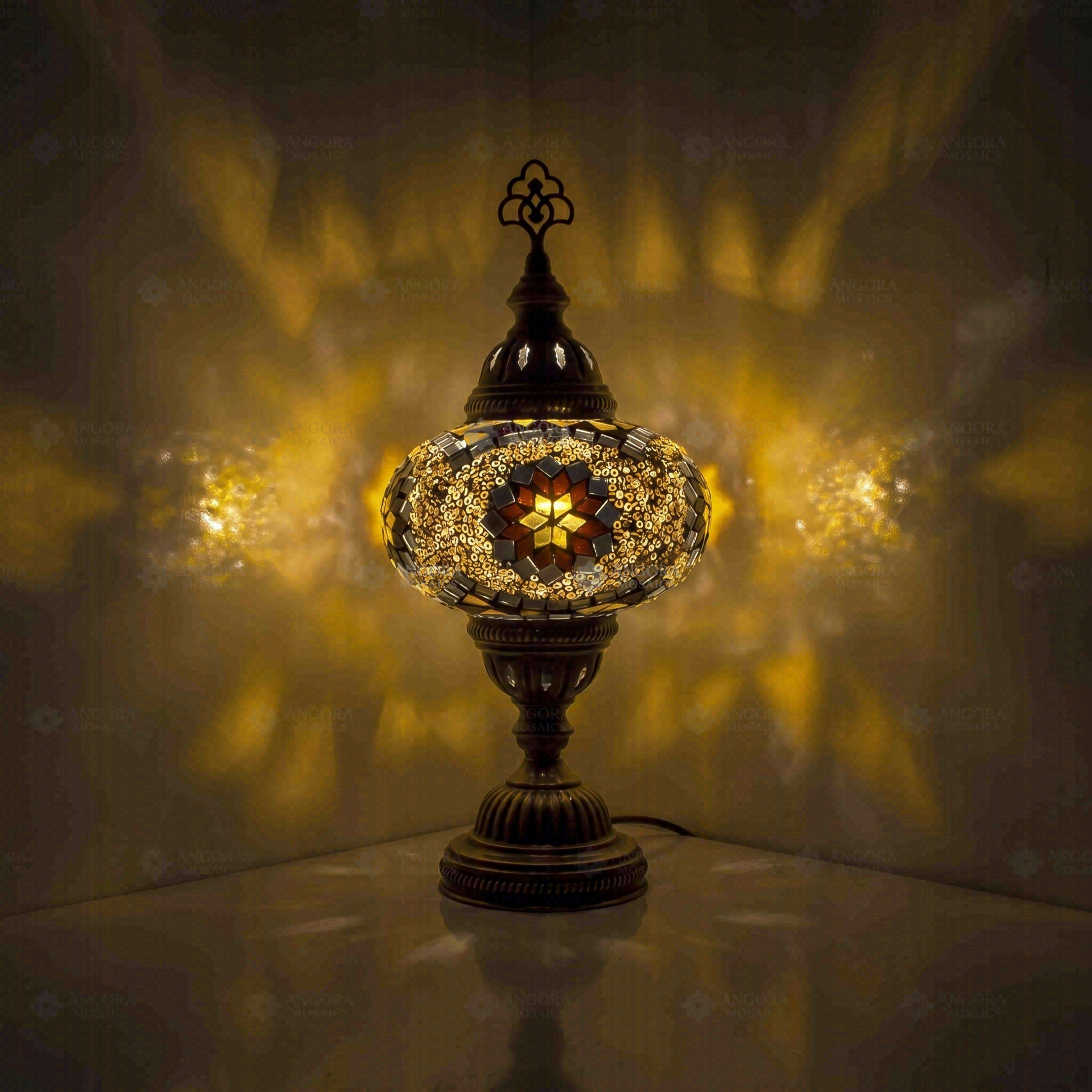 Amber Turkish mosaic table lamp illuminated, showing colorful light projection (ENV MUN3049)