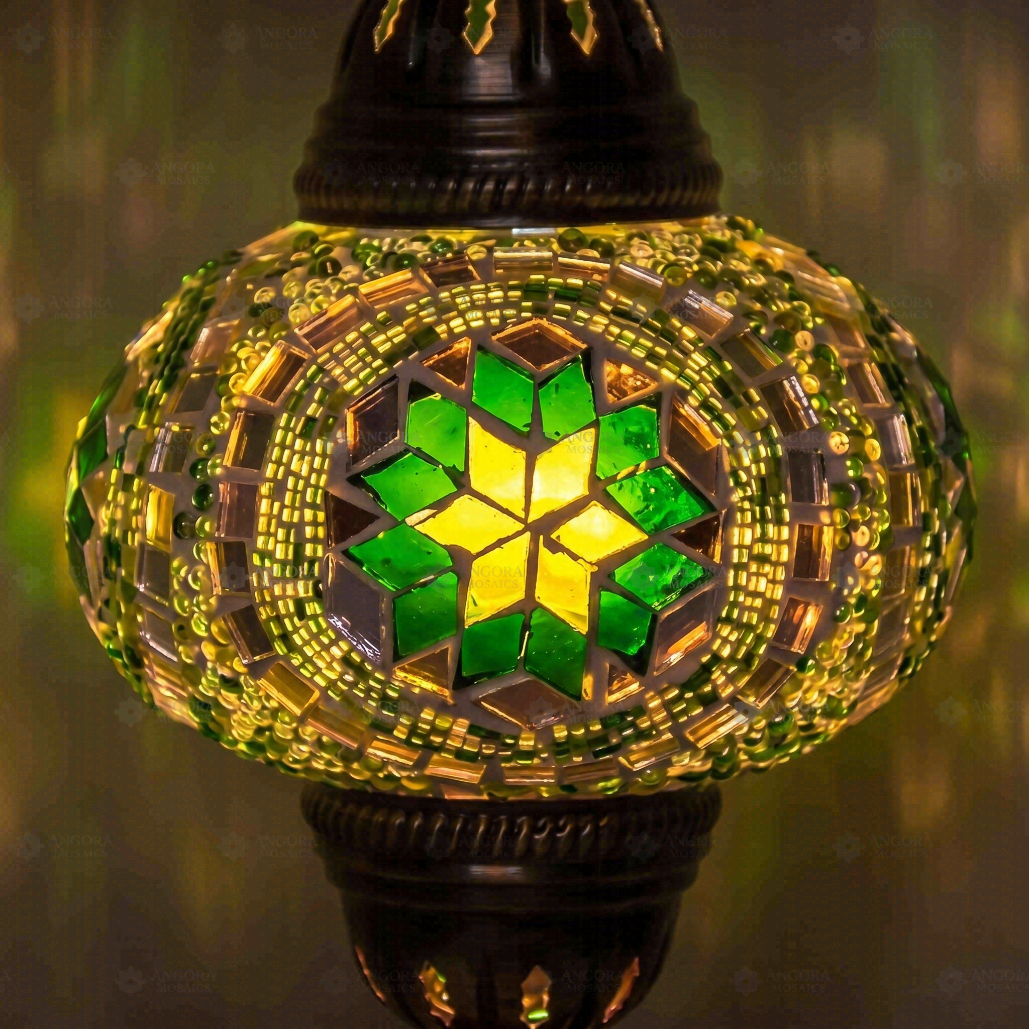 Lit close-up of mosaic glass globe — Green table lamp glowing (ENV MUN3050)