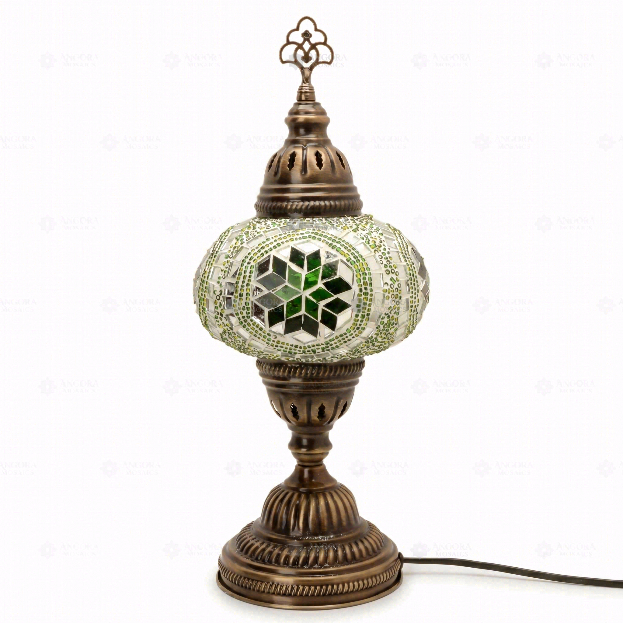 Full view of handmade Green green jewel Turkish mosaic table lamp on white background (ENV MUN3050)