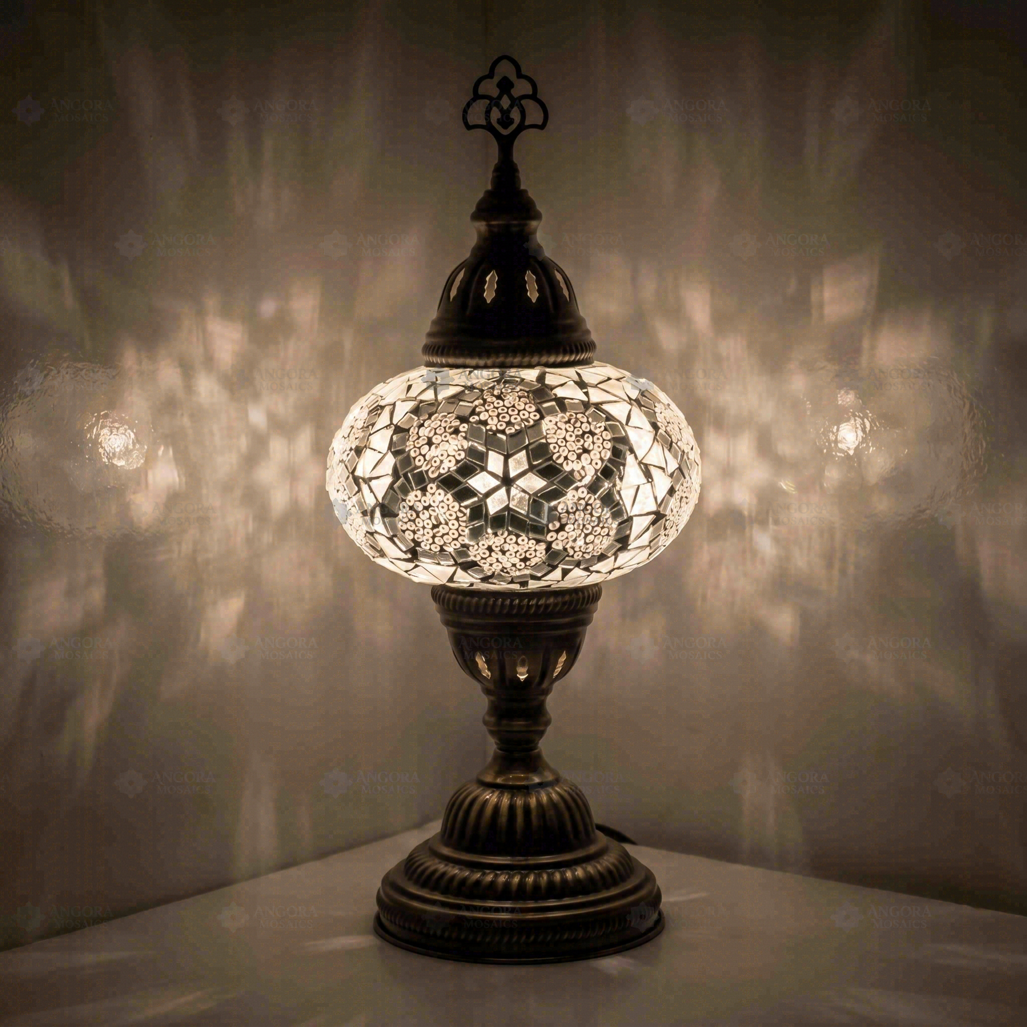 White Turkish mosaic table lamp illuminated, showing colorful light projection (ENV MUN3054)