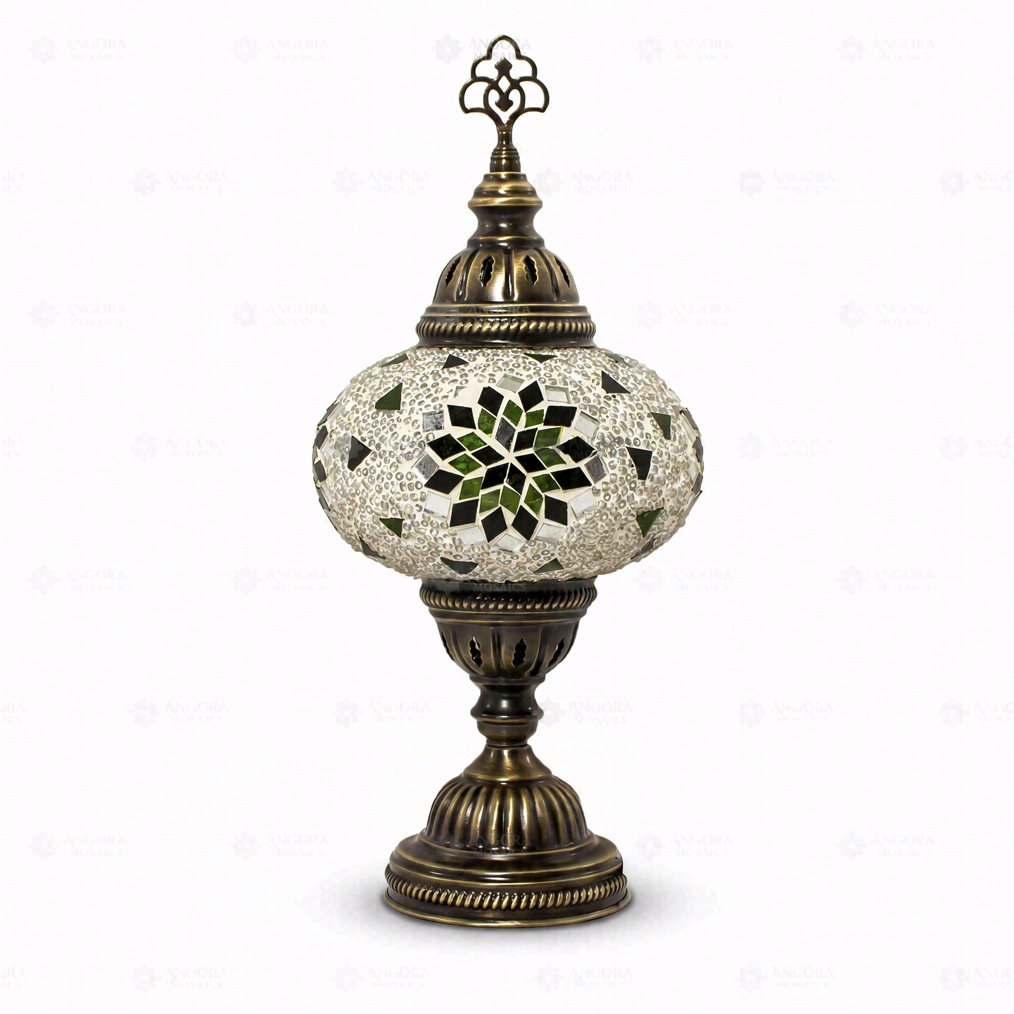 Full view of handmade Green green jewel Turkish mosaic table lamp on white background (ENV MUN3055)