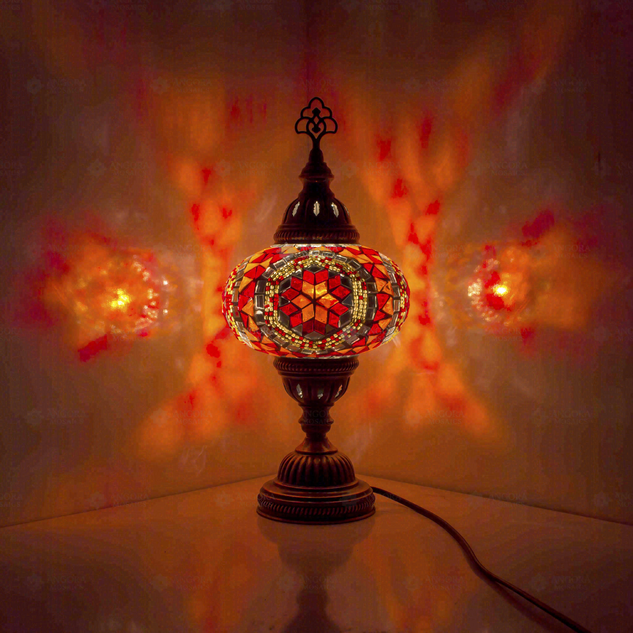 Amber Turkish mosaic table lamp illuminated, showing colorful light projection (ENV MUN3056)