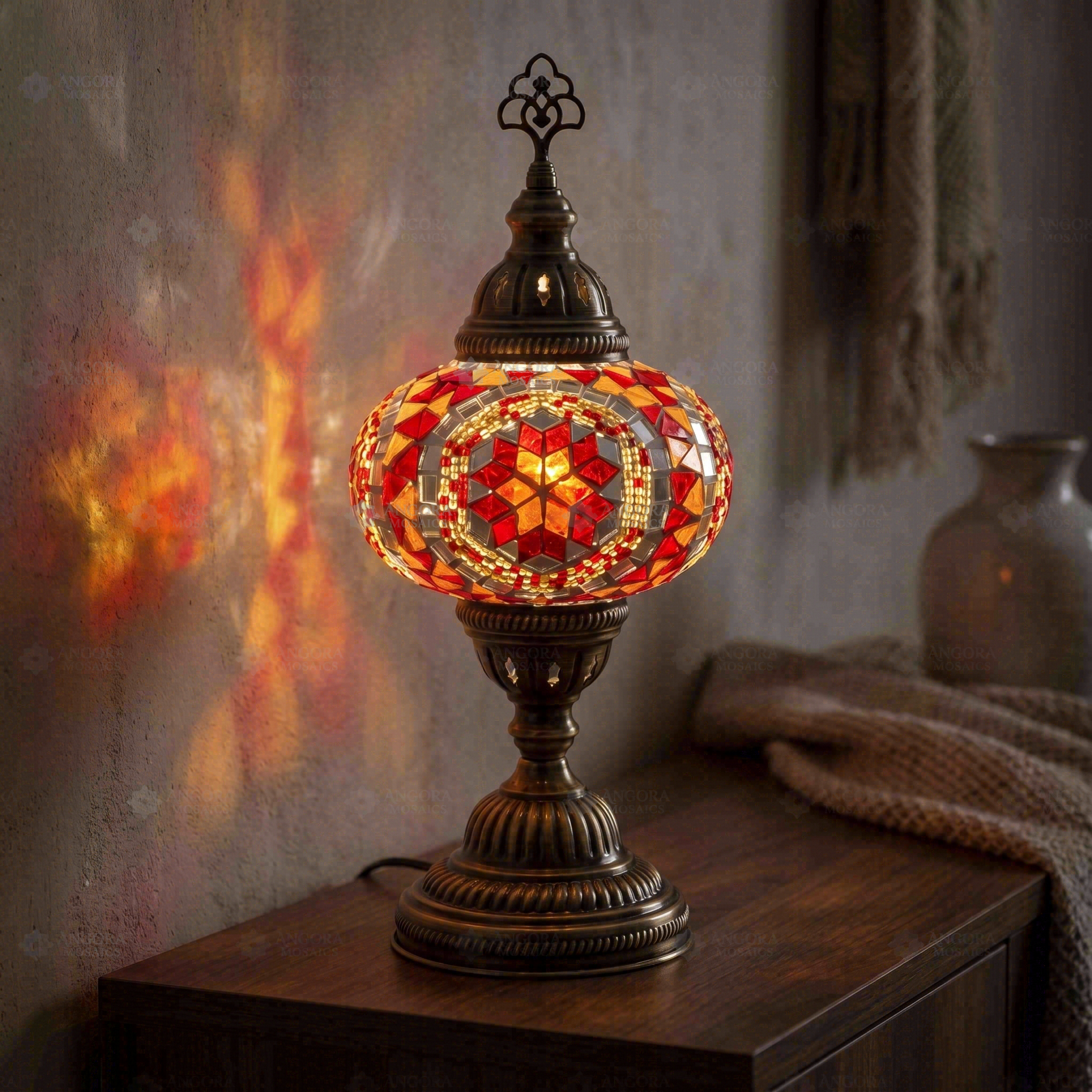 Amber warm amber Turkish mosaic table lamp in styled room — handmade Moroccan table lamp (ENV MUN3056)