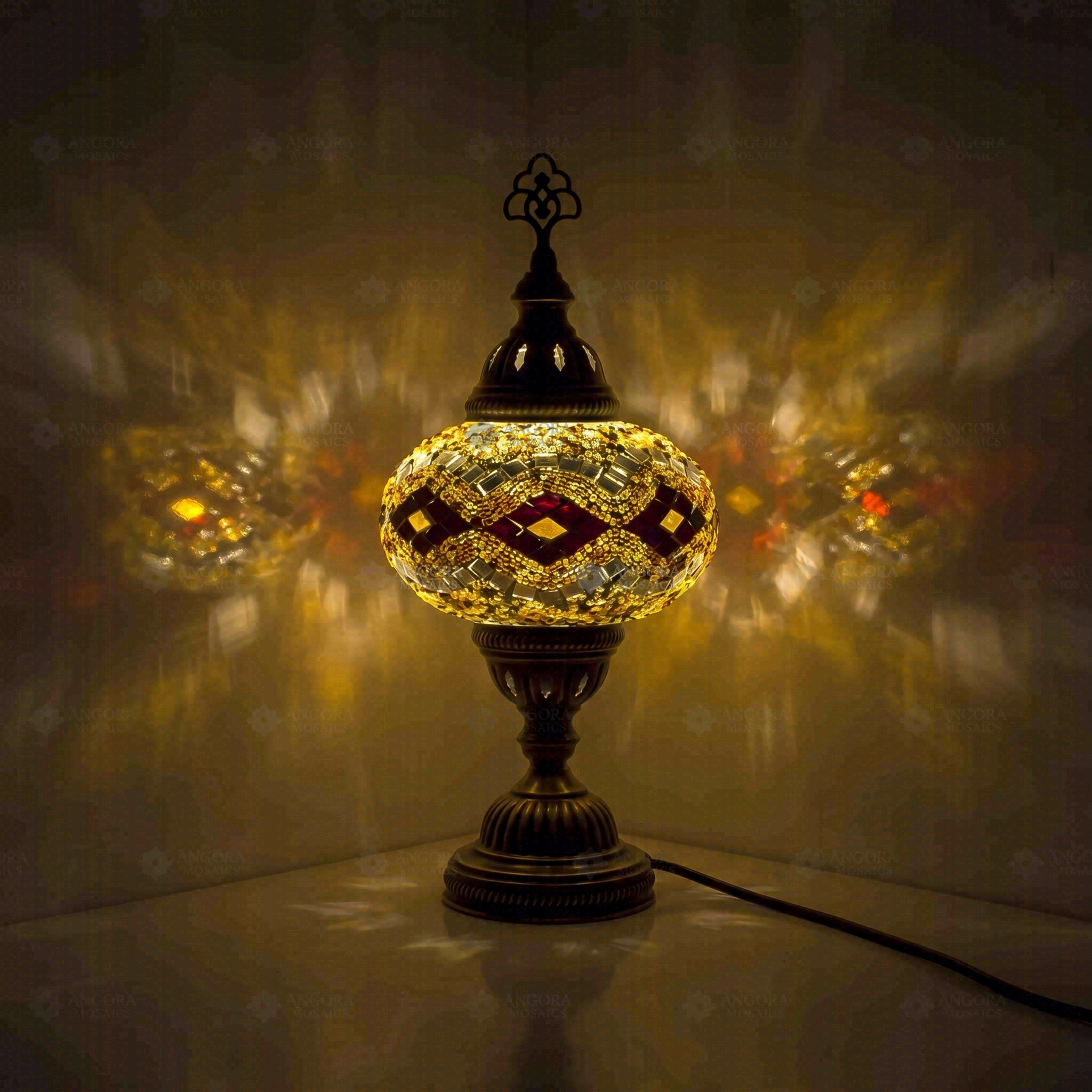 Amber Turkish mosaic table lamp illuminated, showing colorful light projection (ENV MUN3057)