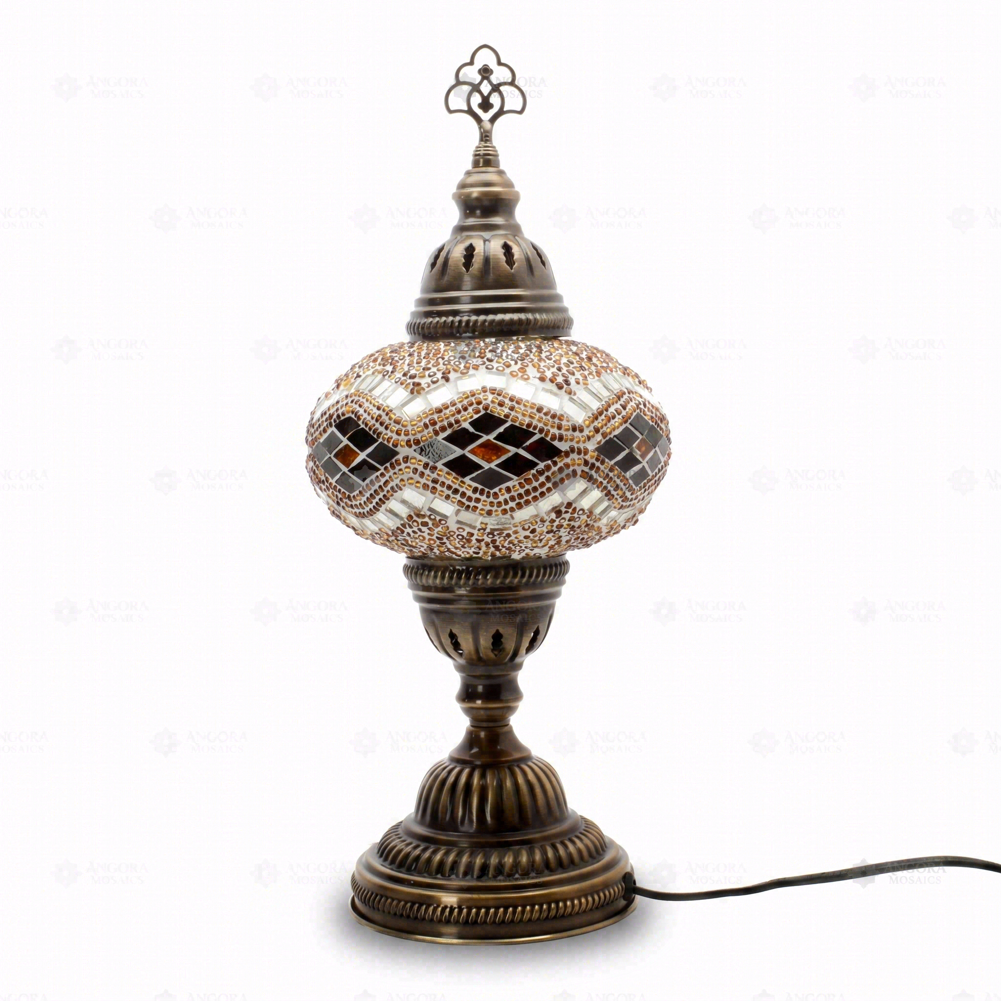 Full view of handmade Amber warm amber Turkish mosaic table lamp on white background (ENV MUN3057)