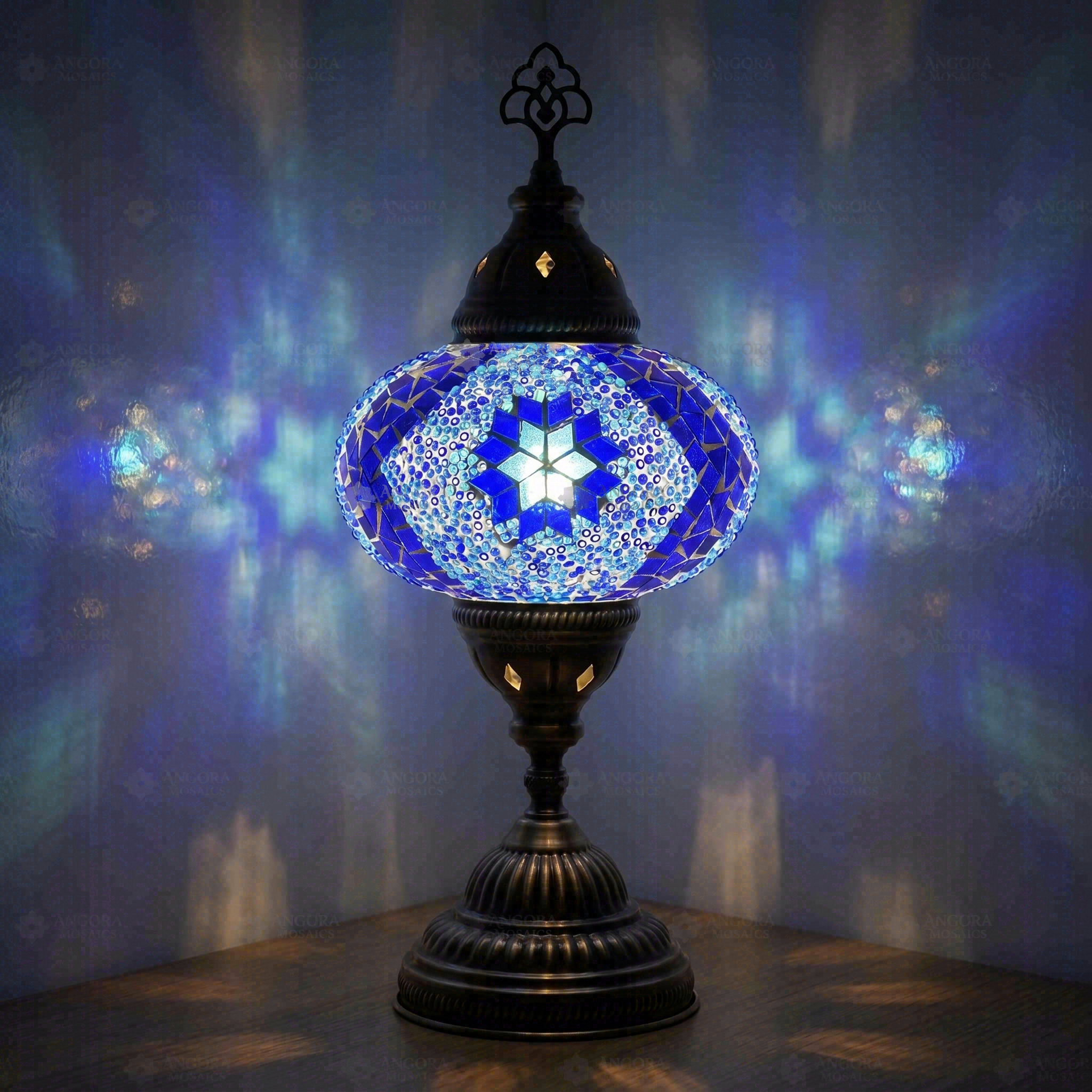 Blue Turkish mosaic table lamp illuminated, showing colorful light projection (ENV MUN3058)