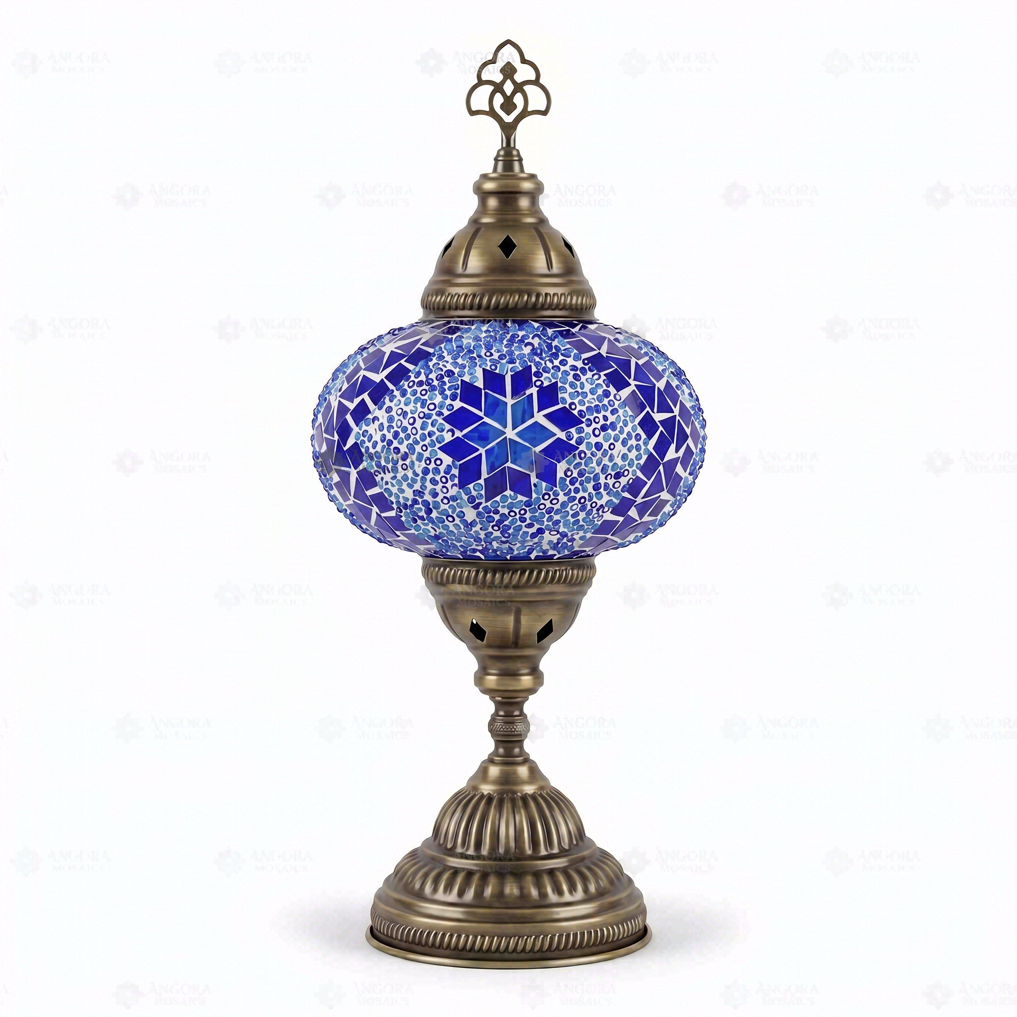 Full view of handmade Blue blue jewel Turkish mosaic table lamp on white background (ENV MUN3058)