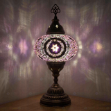 Purple Turkish mosaic table lamp illuminated, showing colorful light projection (ENV MUN3059)