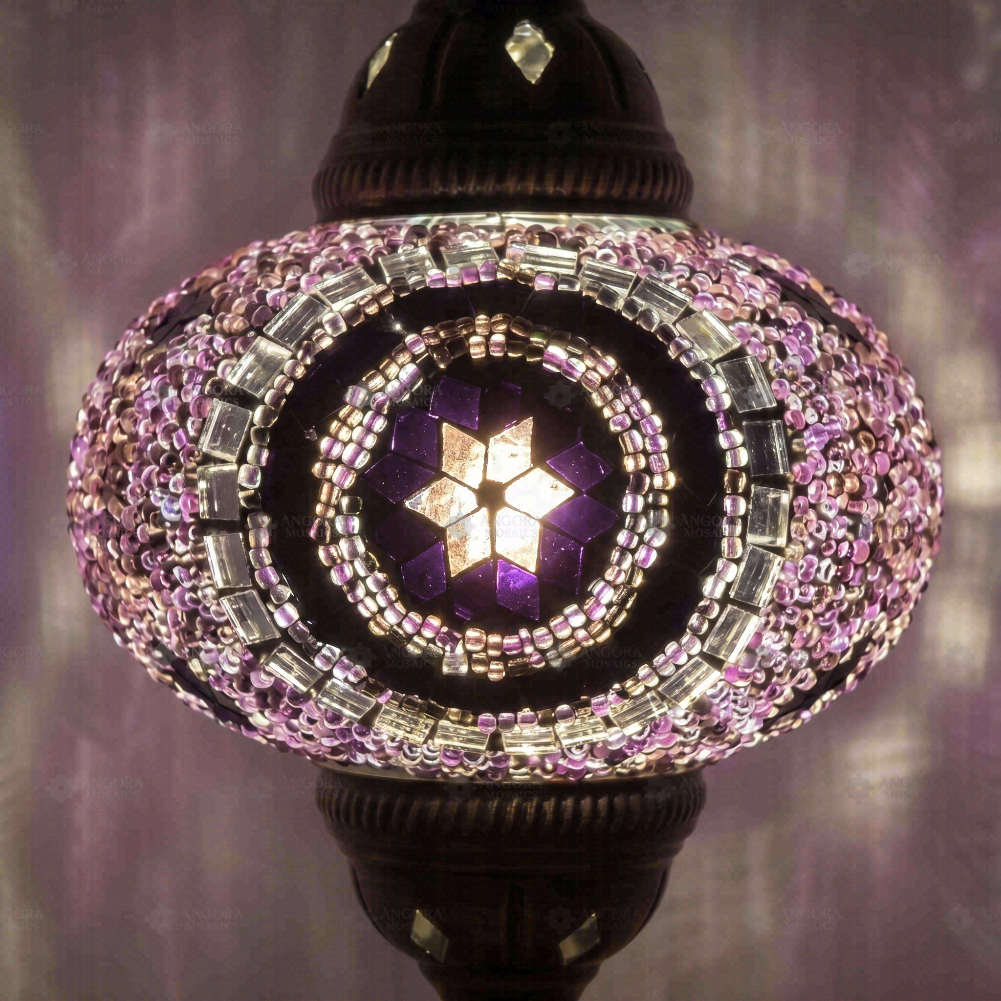 Lit close-up of mosaic glass globe — Purple table lamp glowing (ENV MUN3059)
