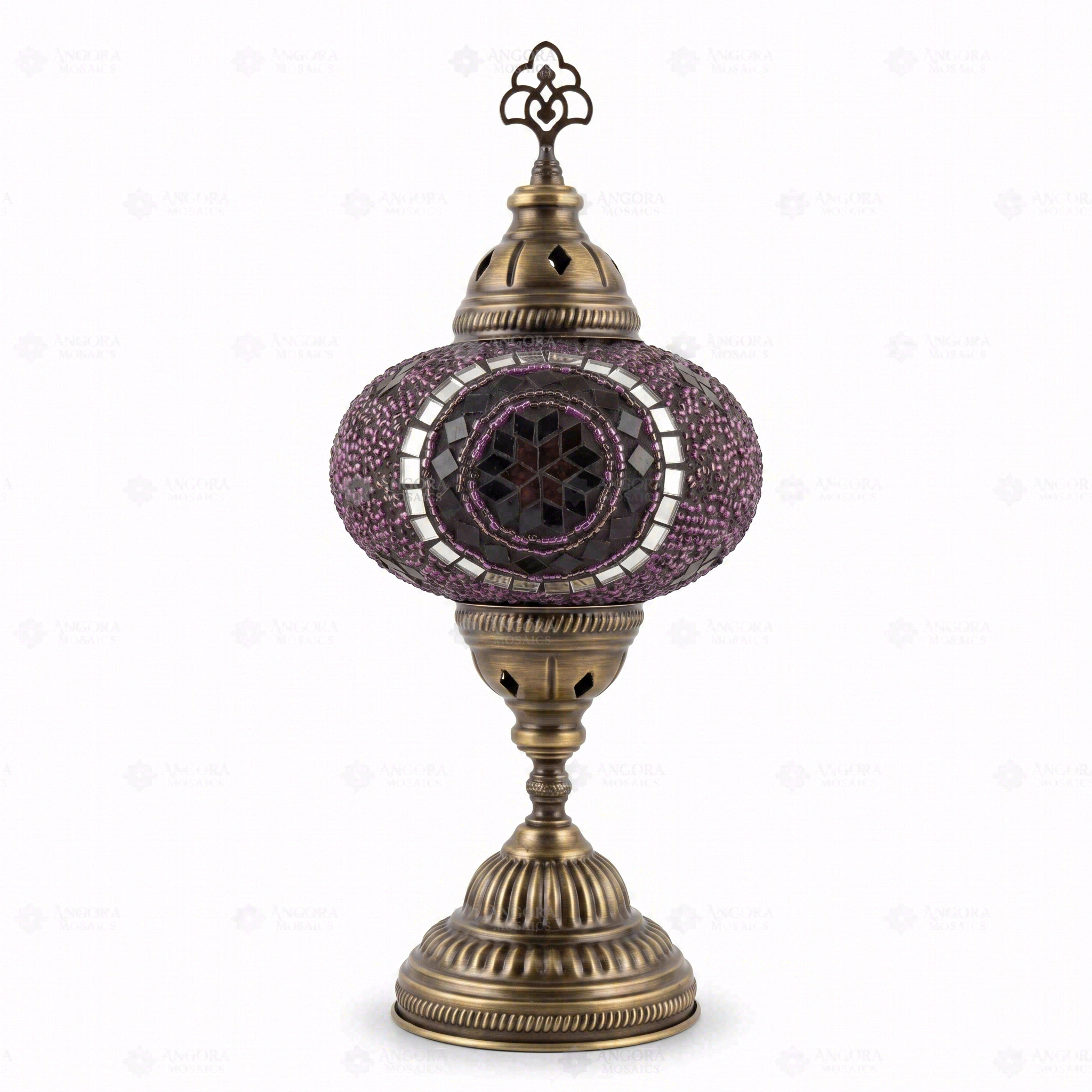 Full view of handmade Purple purple jewel Turkish mosaic table lamp on white background (ENV MUN3059)