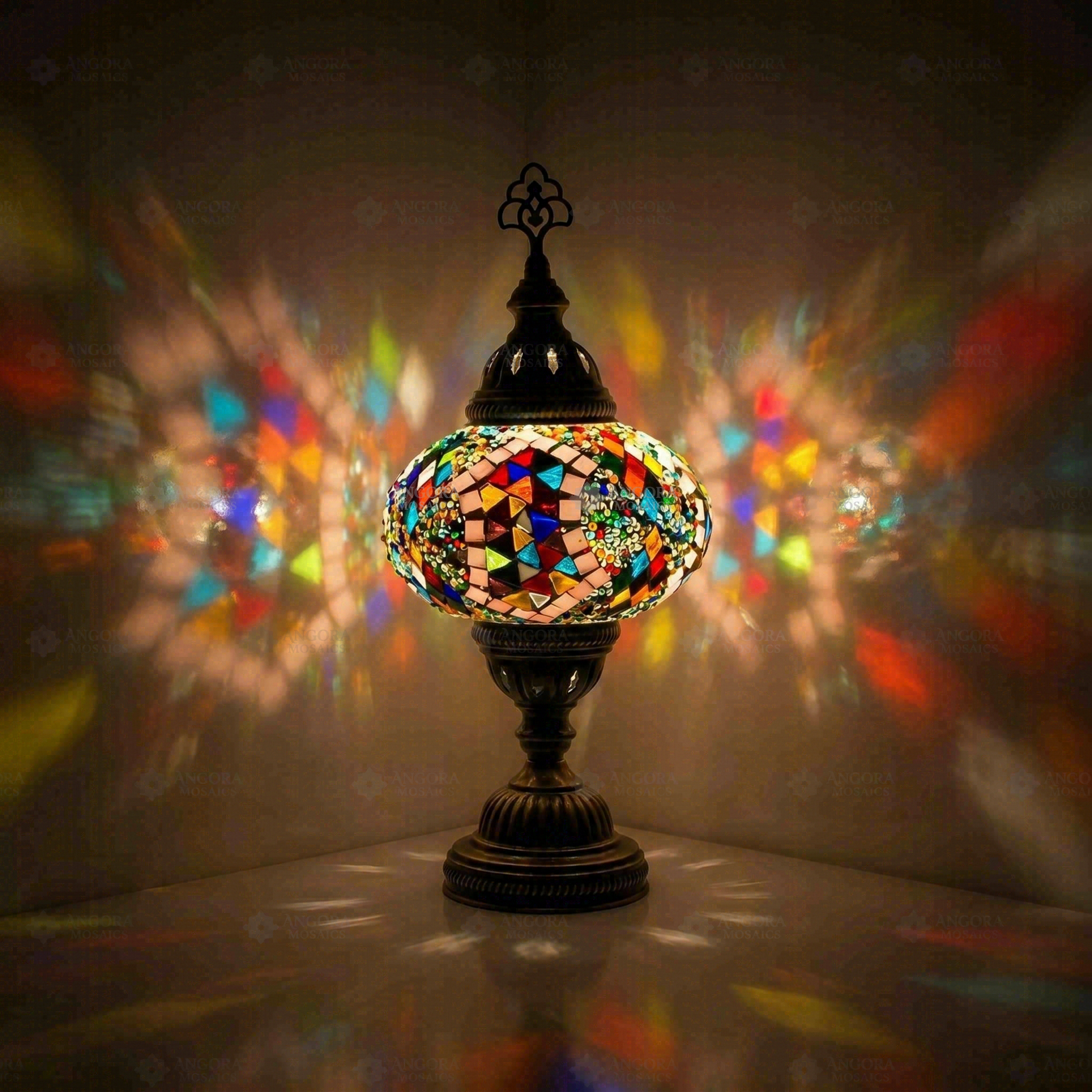 Multicolor Turkish mosaic table lamp illuminated, showing colorful light projection (ENV MUN3060)
