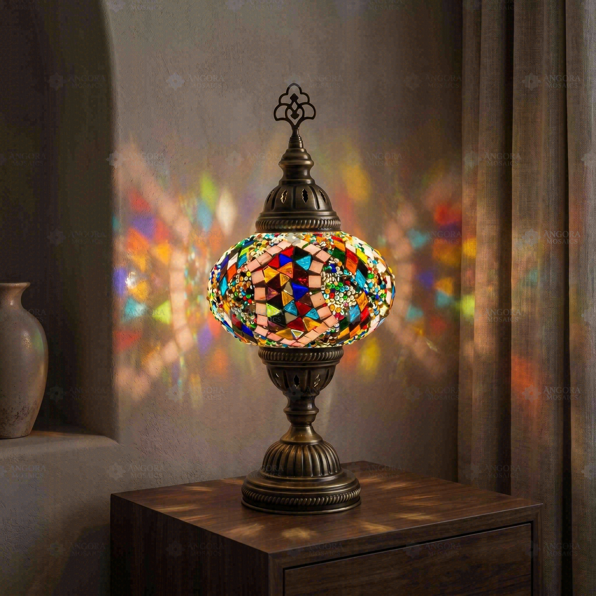 Multicolor multicolor jewel Turkish mosaic table lamp in styled room — handmade Moroccan table lamp (ENV MUN3060)