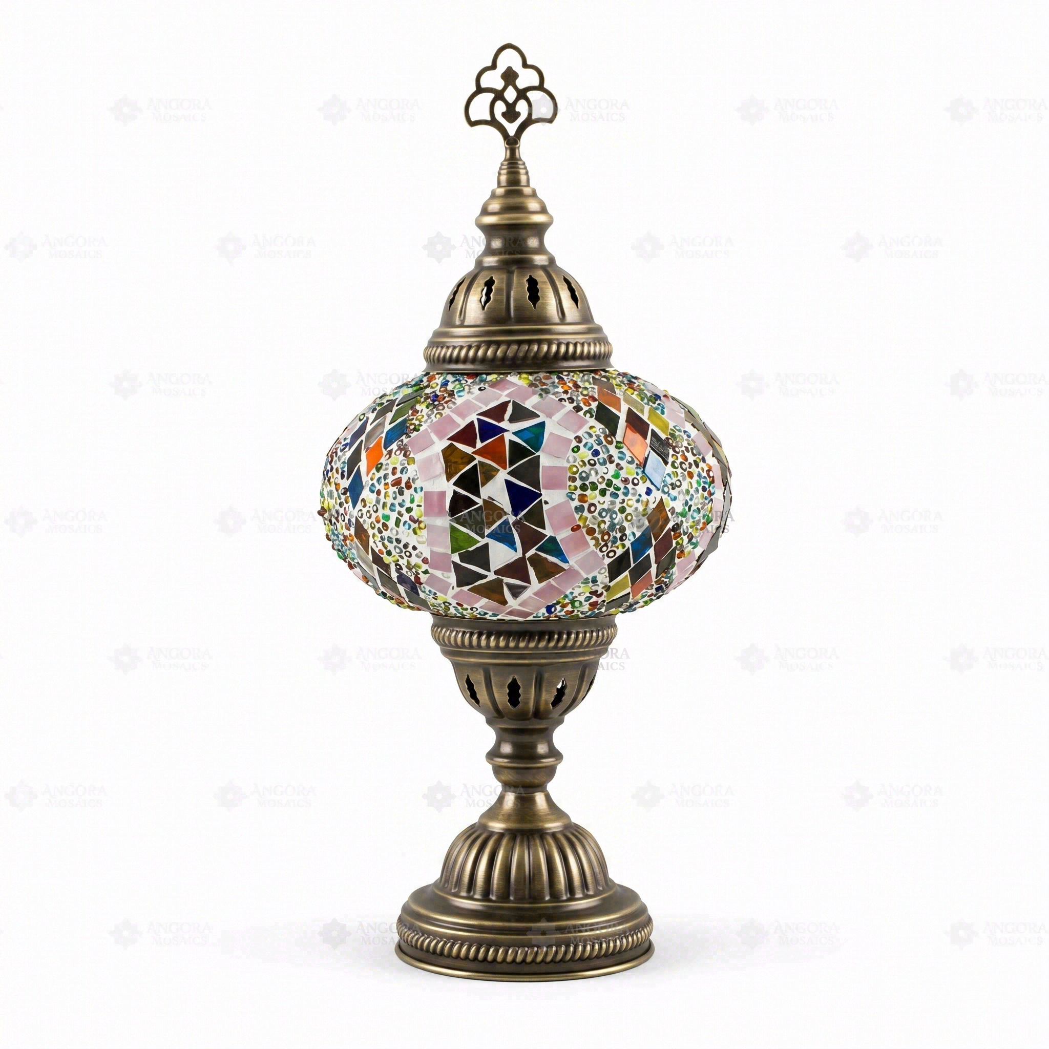 Full view of handmade Multicolor multicolor jewel Turkish mosaic table lamp on white background (ENV MUN3060)