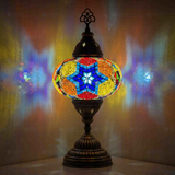 Multicolor Turkish mosaic table lamp illuminated, showing colorful light projection (ENV MUN3061)
