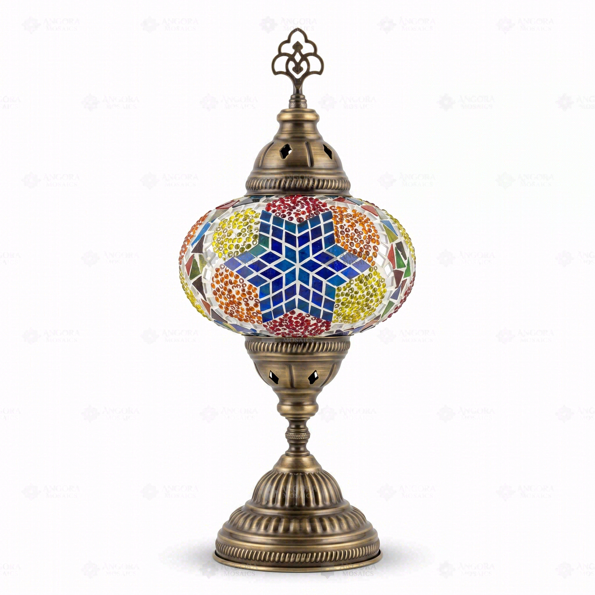 Full view of handmade Multicolor multicolor jewel Turkish mosaic table lamp on white background (ENV MUN3061)