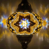 Lit close-up of mosaic glass globe — Warm Tones table lamp glowing (ENV MUN3063)