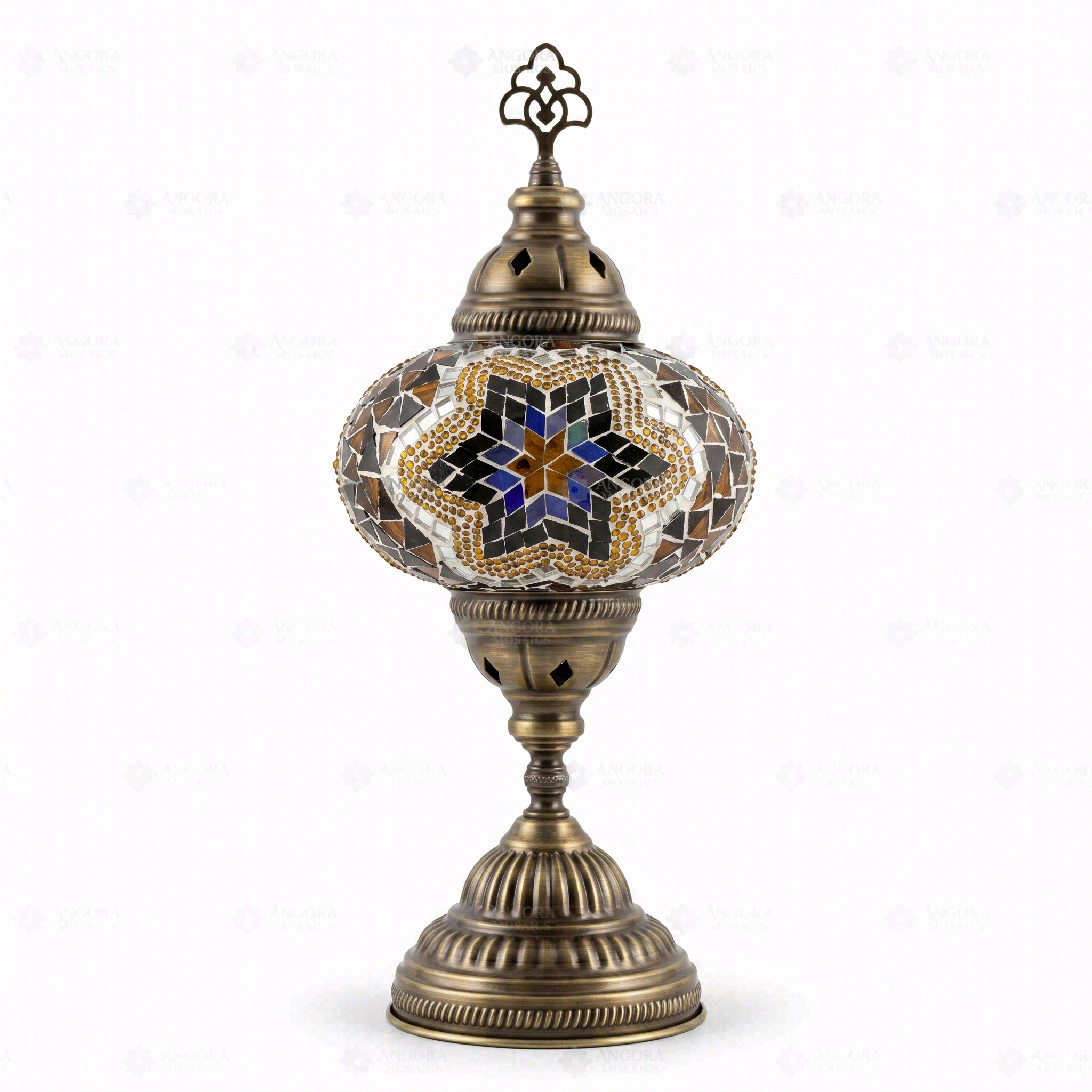 Full view of handmade Warm Tones mixed warm Turkish mosaic table lamp on white background (ENV MUN3063)