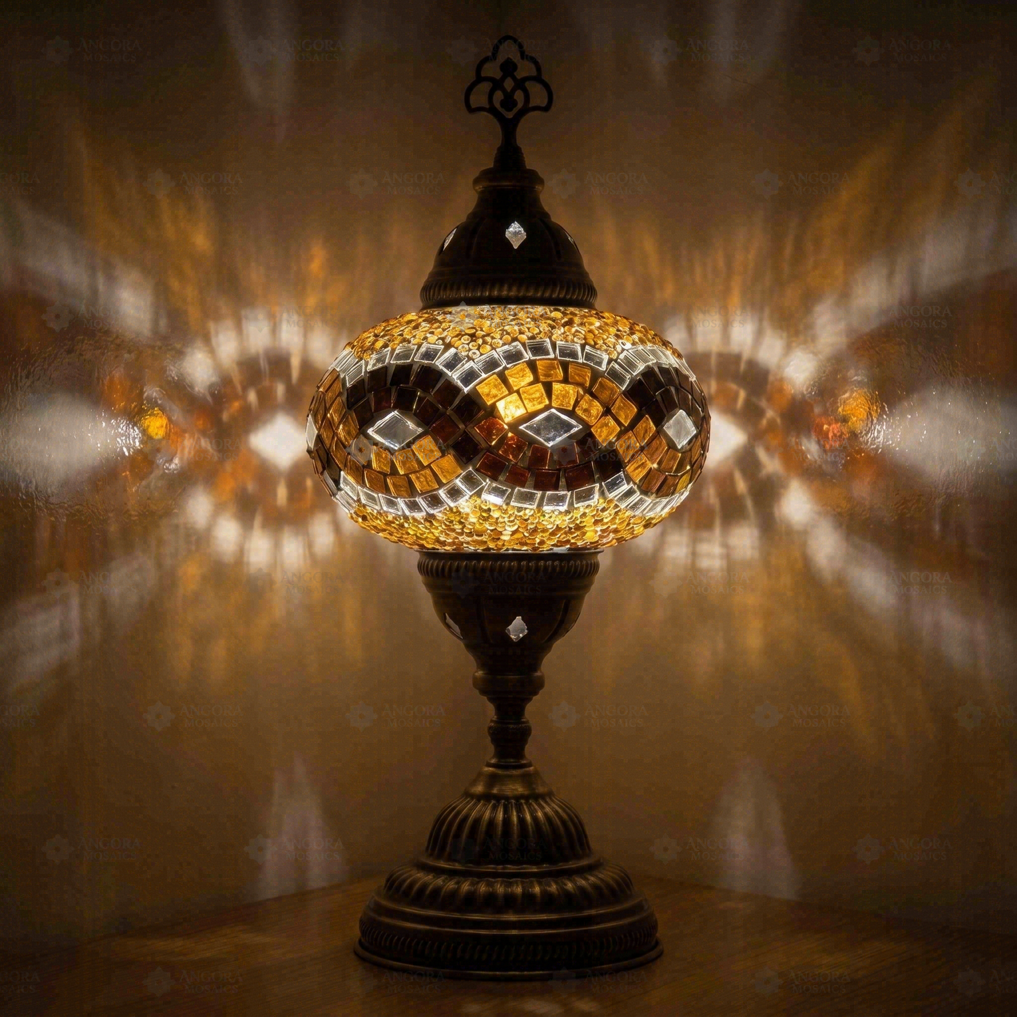 Amber Turkish mosaic table lamp illuminated, showing colorful light projection (ENV MUN3064)