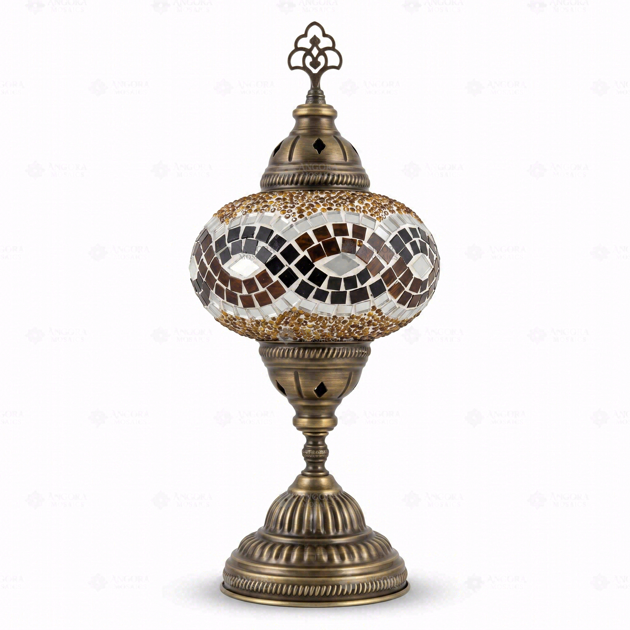 Full view of handmade Amber warm amber Turkish mosaic table lamp on white background (ENV MUN3064)