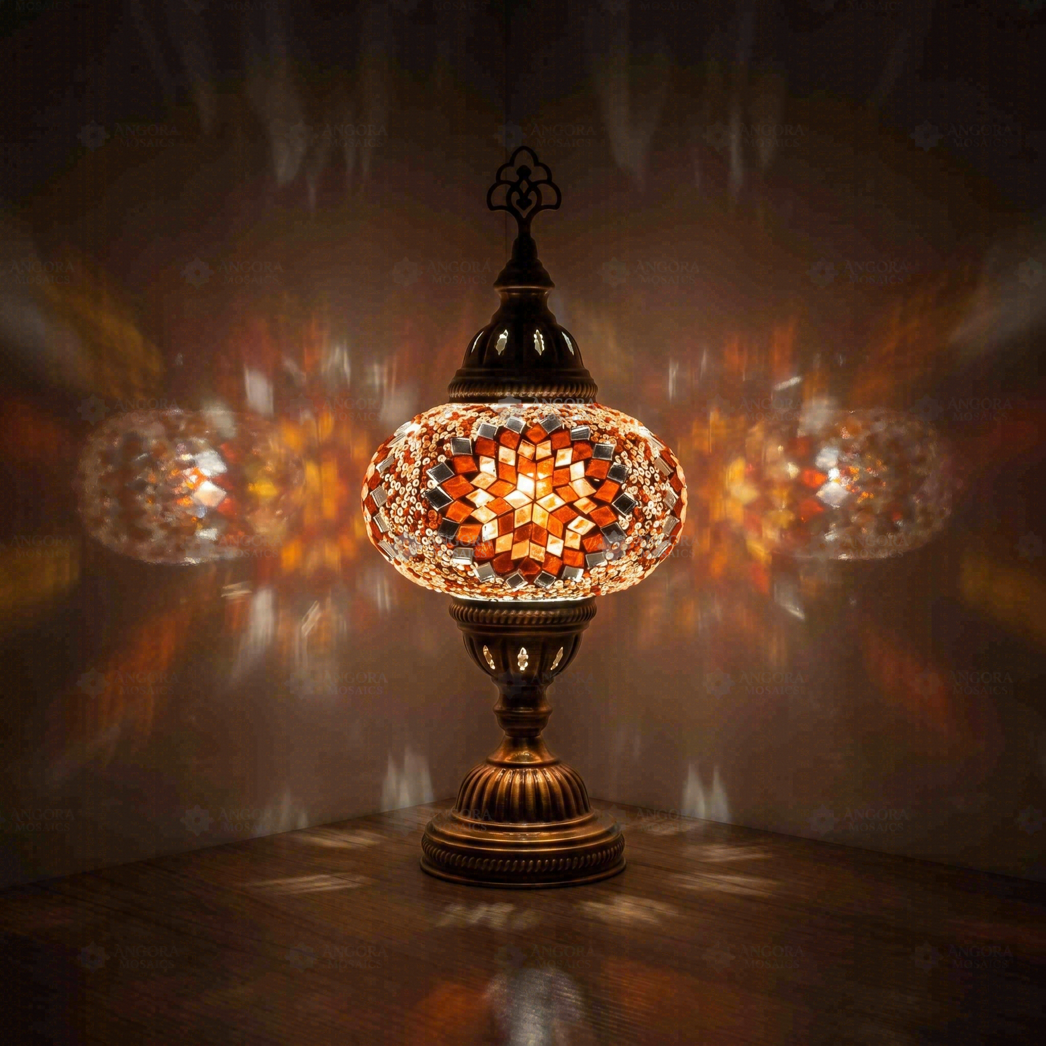 Amber Turkish mosaic table lamp illuminated, showing colorful light projection (ENV MUN3065)