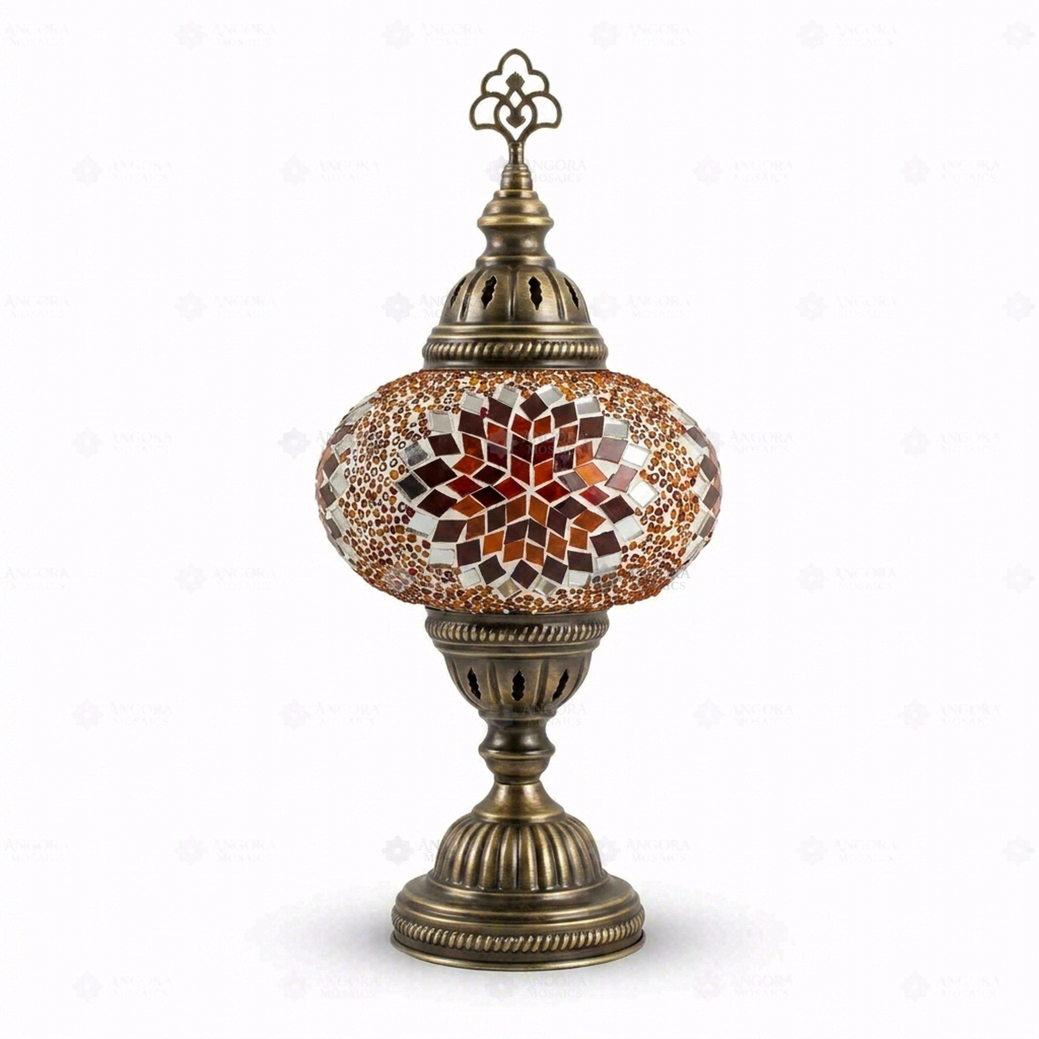 Full view of handmade Amber warm amber Turkish mosaic table lamp on white background (ENV MUN3065)