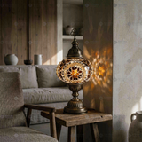 Amber warm amber Turkish mosaic table lamp in styled room — handmade Moroccan table lamp (ENV MUN3067)