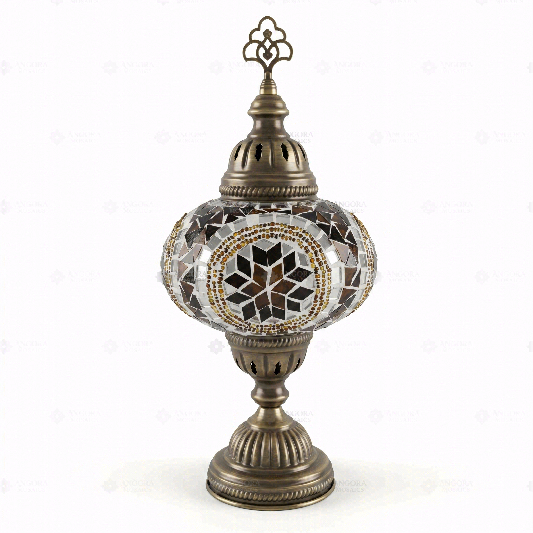Full view of handmade Amber warm amber Turkish mosaic table lamp on white background (ENV MUN3067)