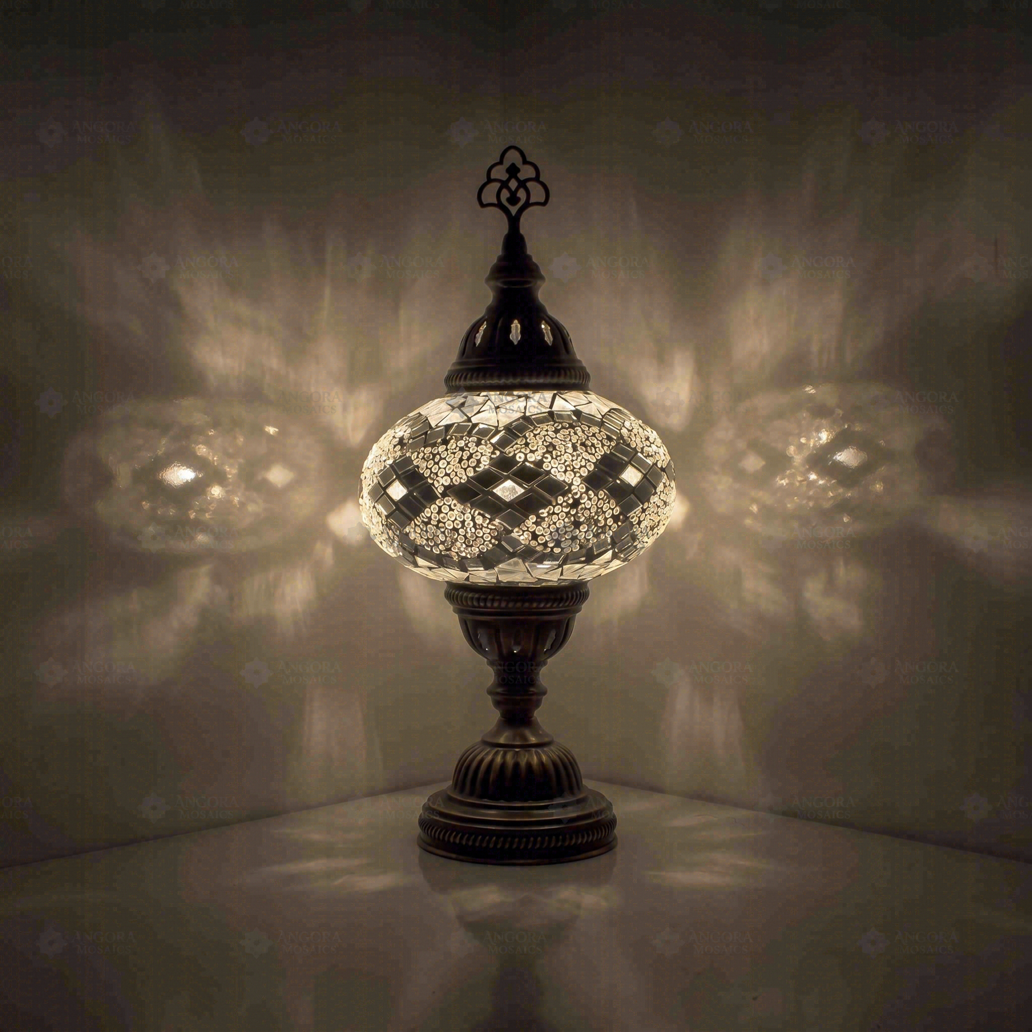 White Turkish mosaic table lamp illuminated, showing colorful light projection (ENV MUN3068)