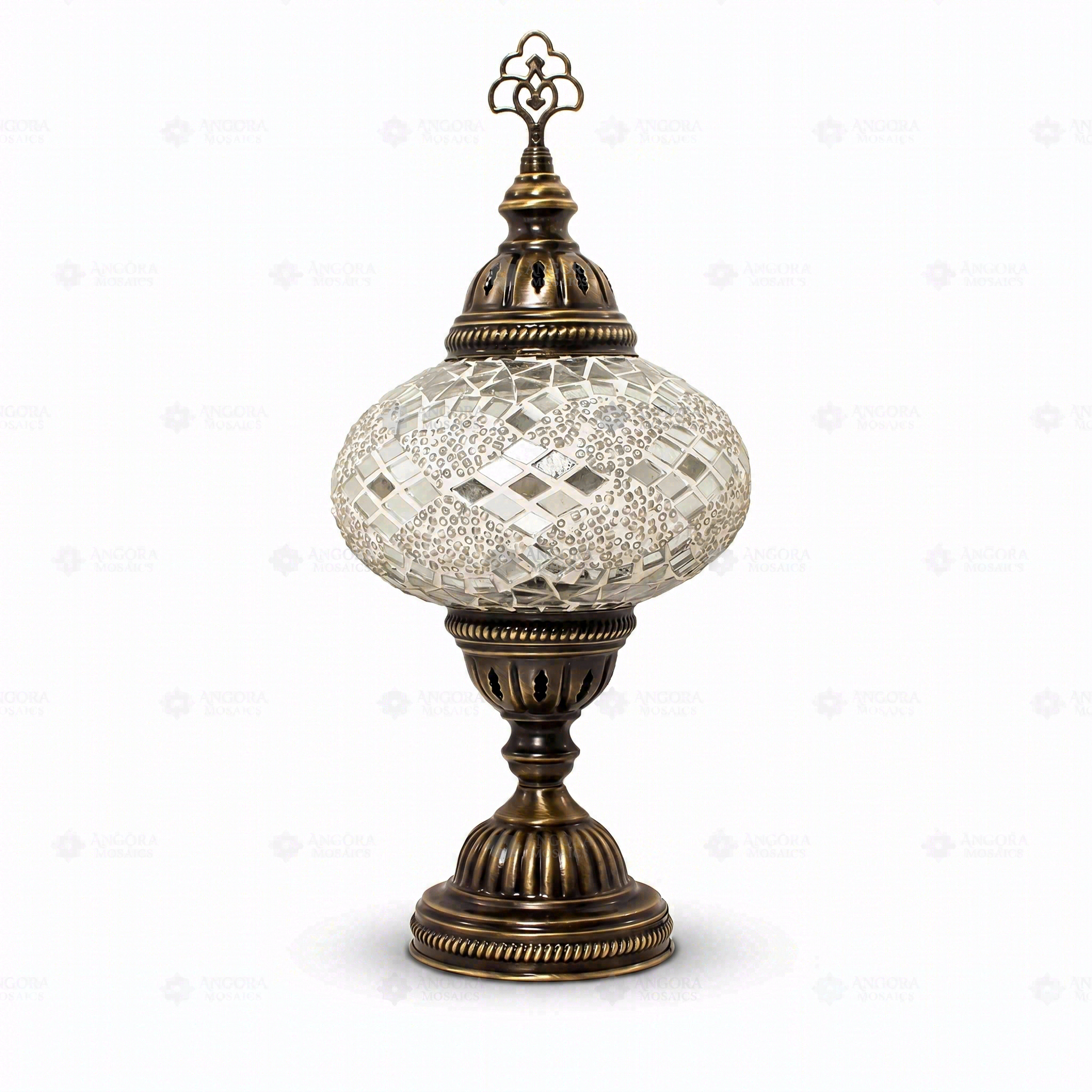 Full view of handmade White white glow Turkish mosaic table lamp on white background (ENV MUN3068)