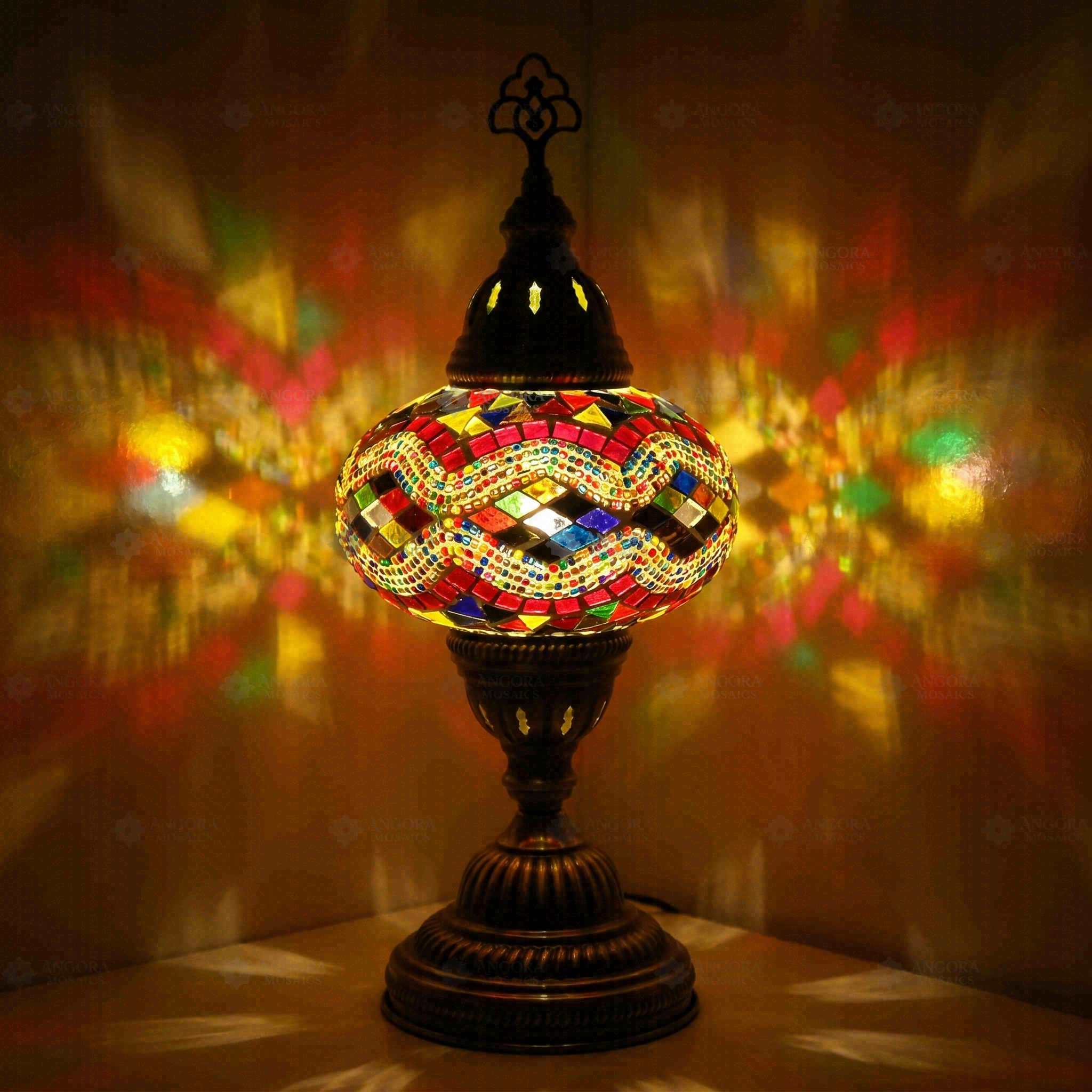 Multicolor Turkish mosaic table lamp illuminated, showing colorful light projection (ENV MUN3074)