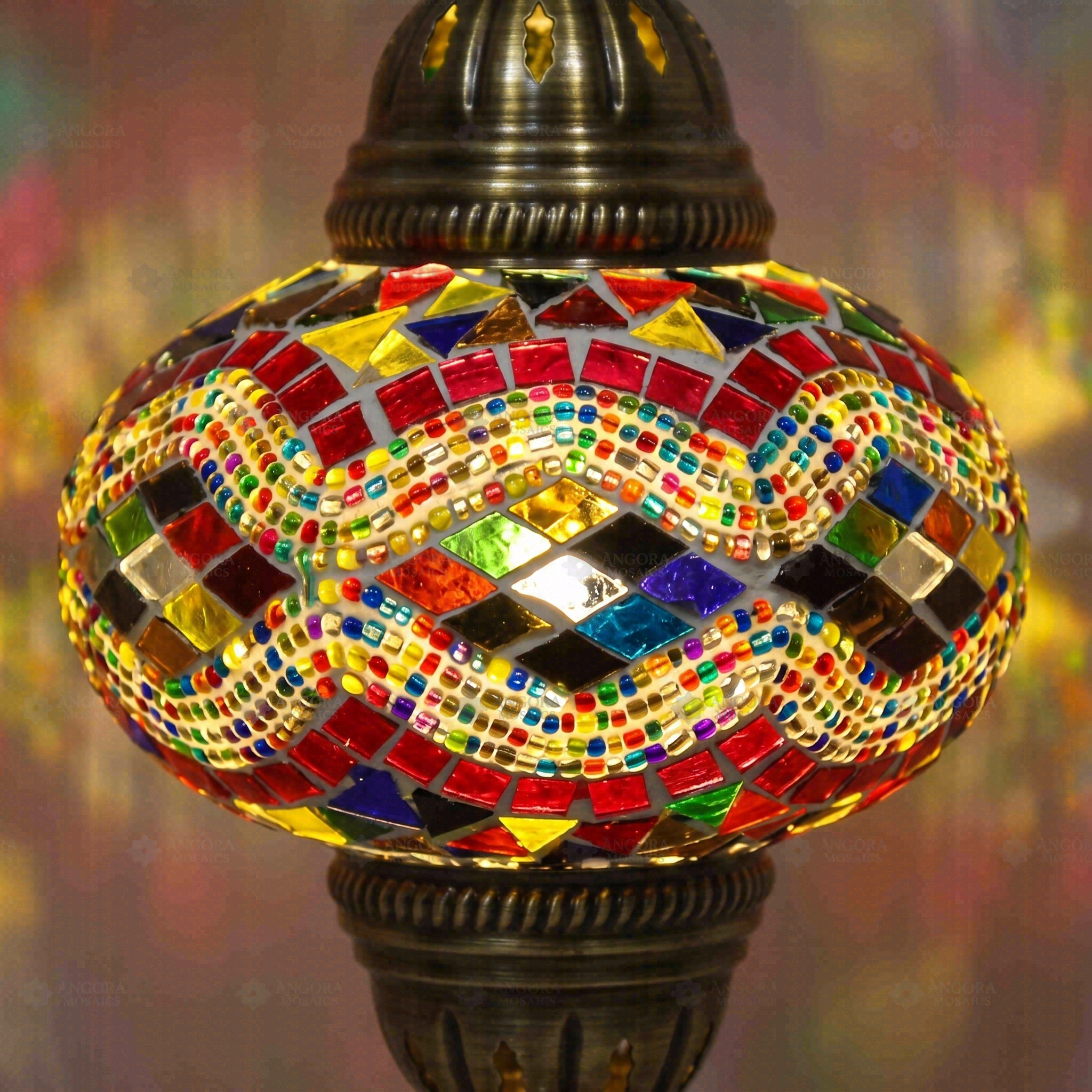 Lit close-up of mosaic glass globe — Multicolor table lamp glowing (ENV MUN3074)