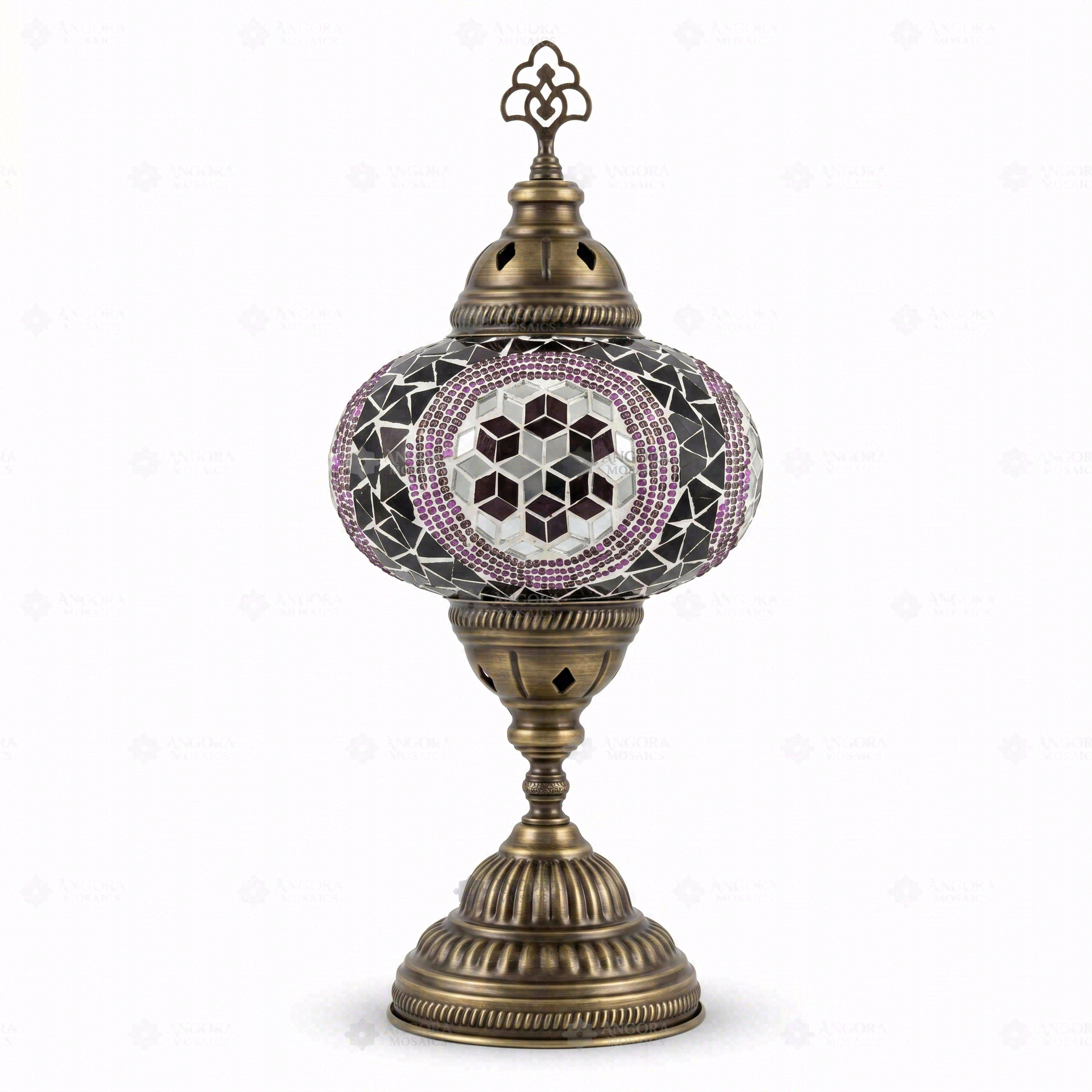 Full view of handmade Purple purple jewel Turkish mosaic table lamp on white background (ENV MUN3087)