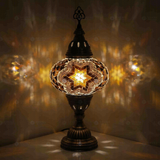 Amber Turkish mosaic table lamp illuminated, showing colorful light projection (ENV MUN3088)