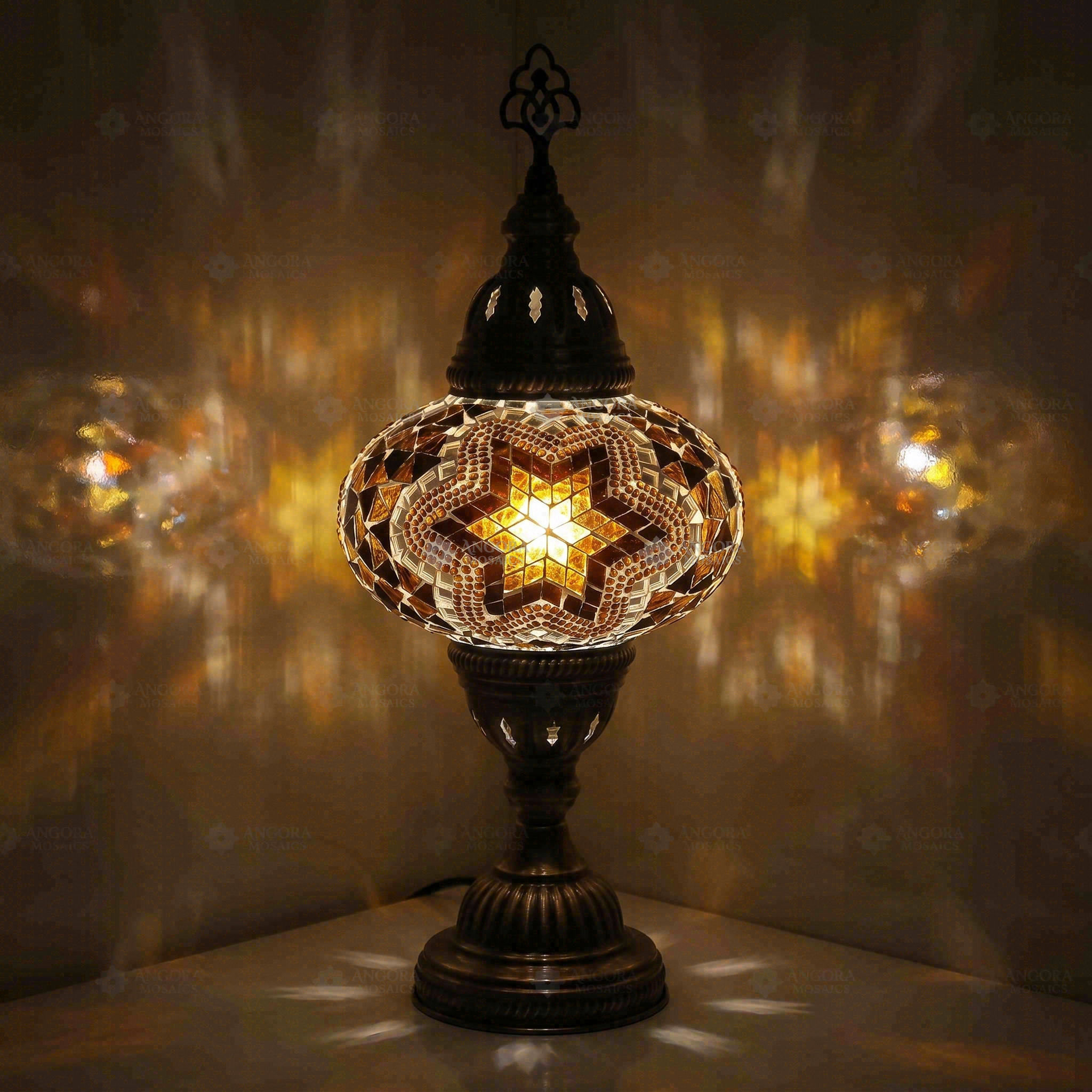 Amber Turkish mosaic table lamp illuminated, showing colorful light projection (ENV MUN3088)