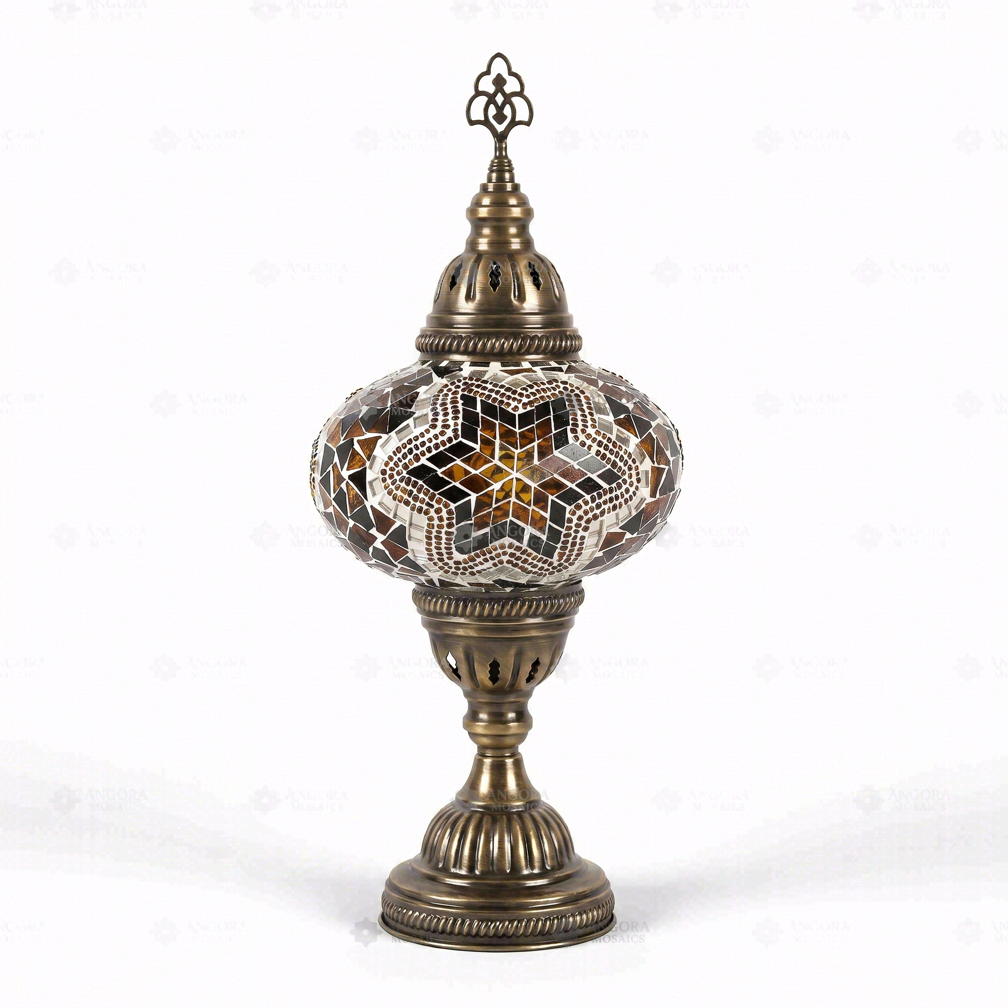 Full view of handmade Amber warm amber Turkish mosaic table lamp on white background (ENV MUN3088)